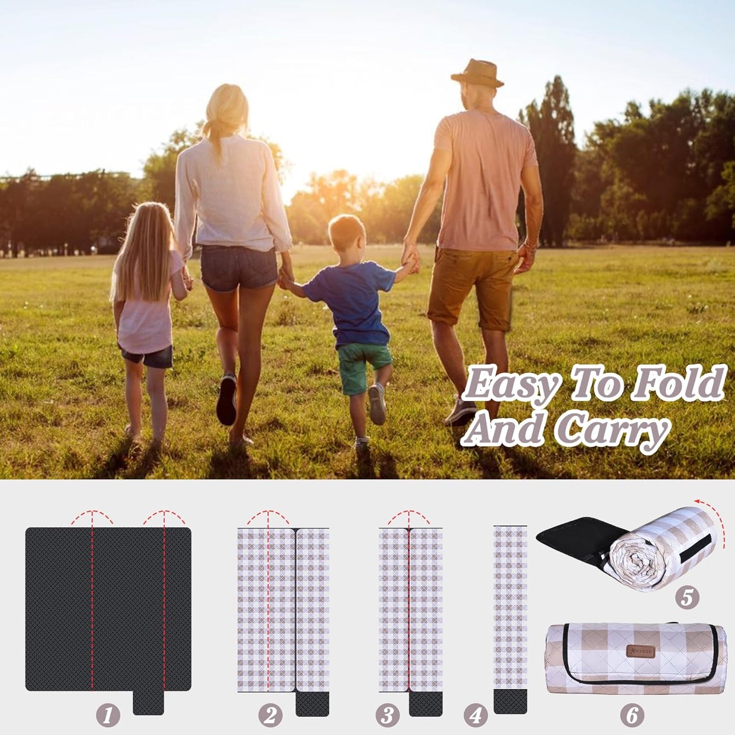 HX&OD Outdoor Picnic Blanket, Extra Large, 80''x60'' Waterproof Foldable Blankets Gingham Picnic Mat for Beach, Camping Grass Lawn Park Accessories Cute Couple Ideas Wedding (Light Brown, 80”x60”)