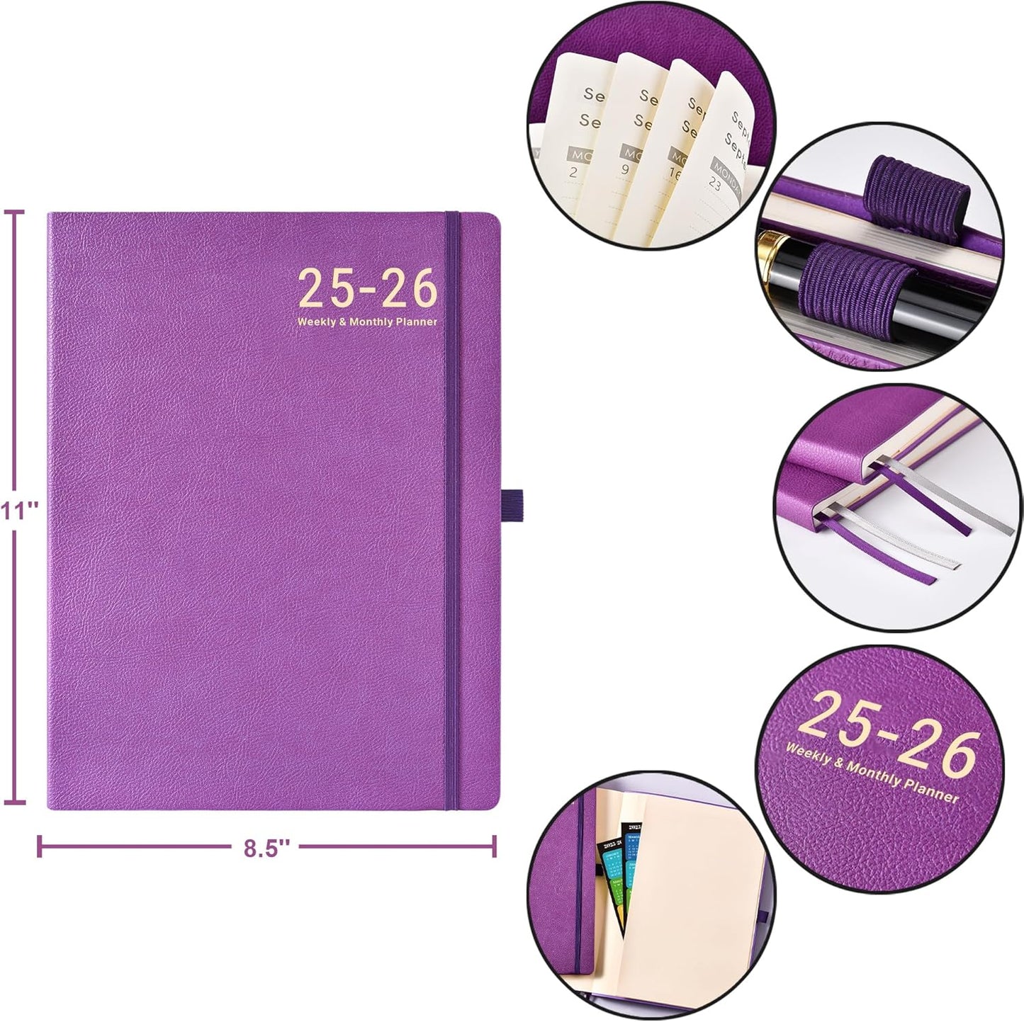 Planner 2025-2026 - JUL 2025 - JUN 2026, Academic Planners 2025-2026, Weekly and Monthly planner, 8.5" x 11", Leather Cover Planners with Thick Paper, Back Pocket with Notes Pages, Purple