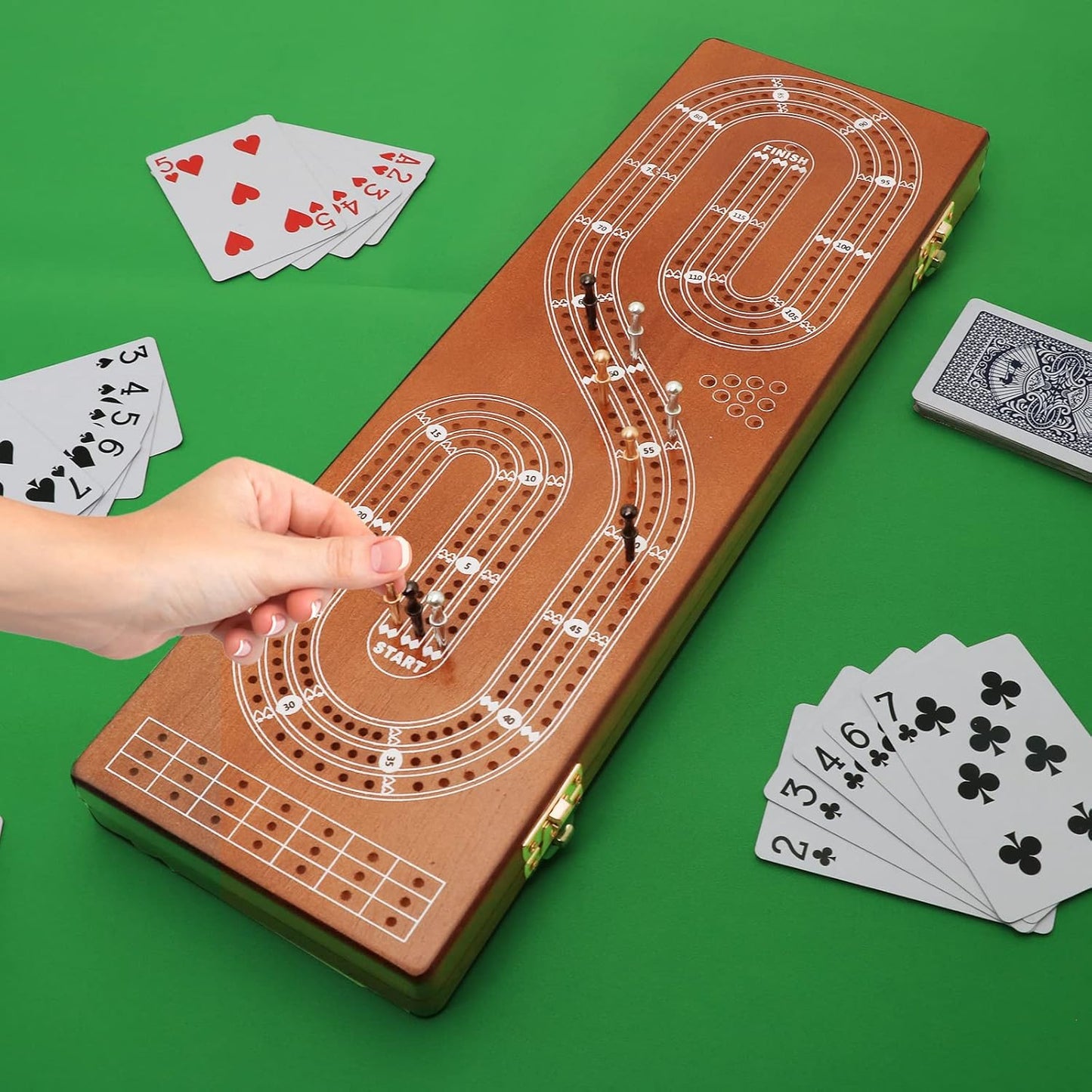 Cribbage Board Game Set 3 Tracks, Plusvivo Solid Oak Wood Cribbage Boards Unique with 9 Metal Pegs & 2 Storage Area, 15.5 X 4.9 X 1.2 in Travel Portable Cribbage Game Sets for Family