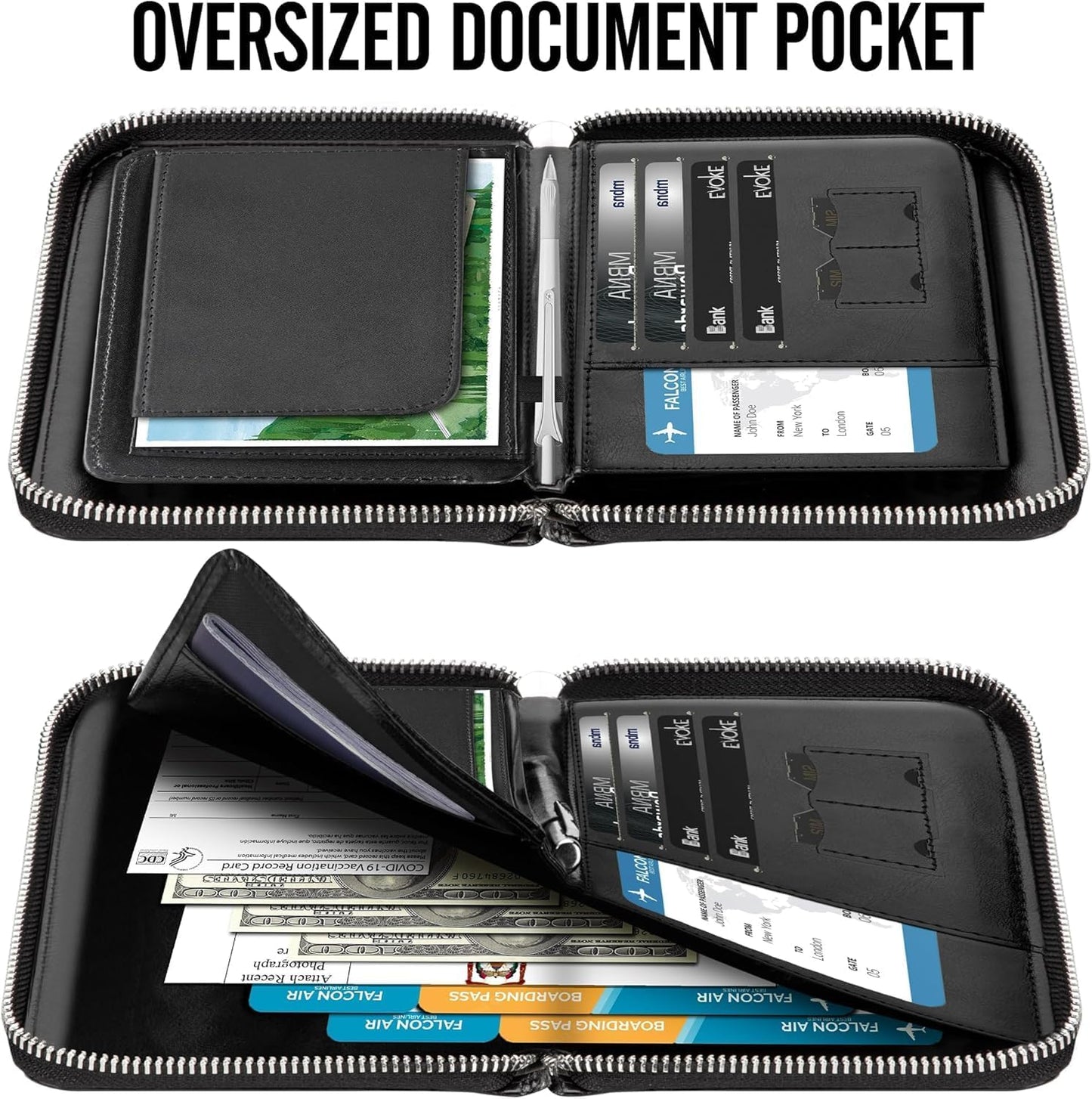 Genuine Leather Passport Wallet for Travel, RFID Blocking Cover with Zipper Closure and 3 Passport Pockets (Black)