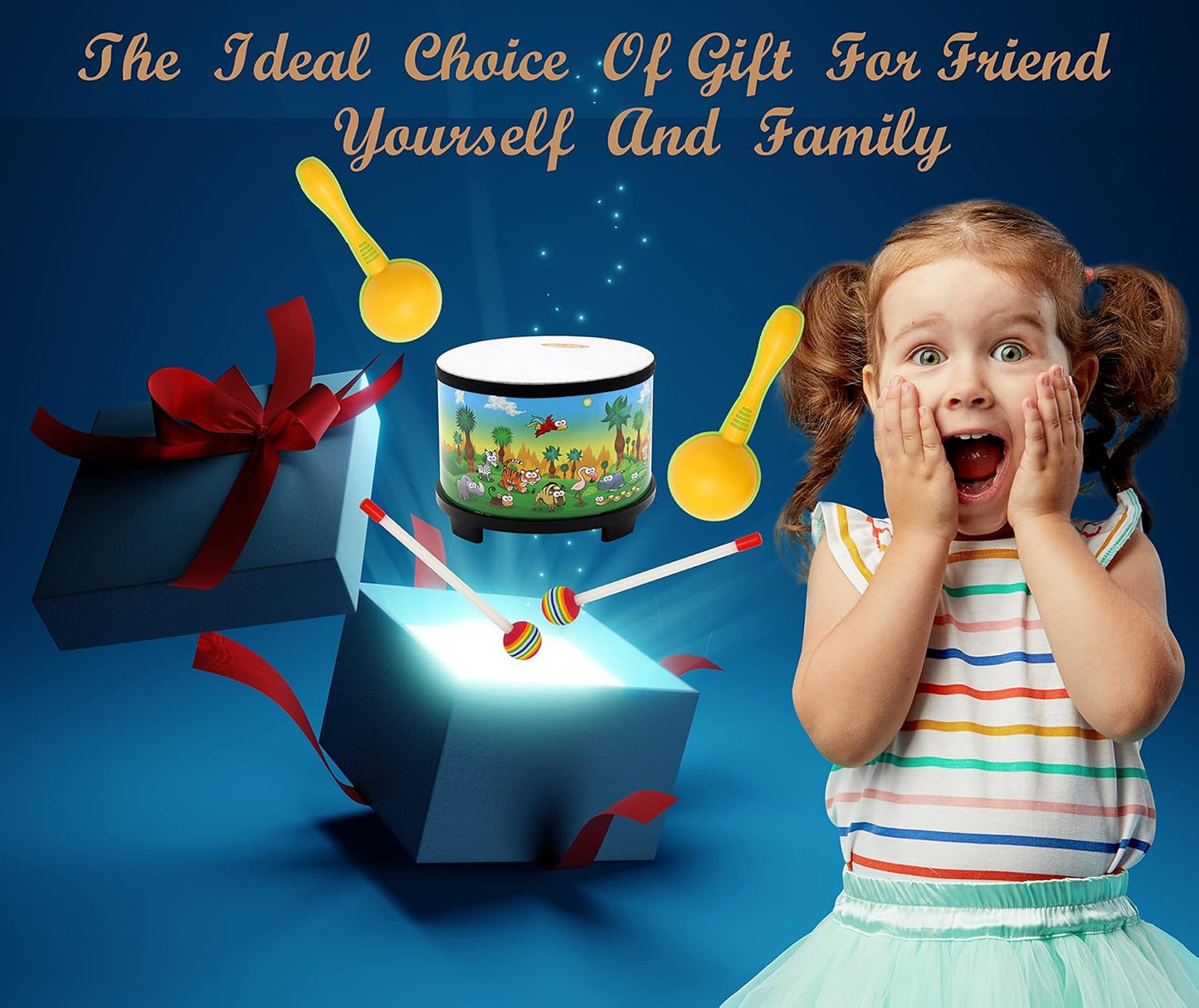 Floor Tom Drum for Kids 8-inch Percussion Instrument Music Drum with 2 Mallets and Color Maracas for Baby Children Special Christmas Birthday Toy Gift