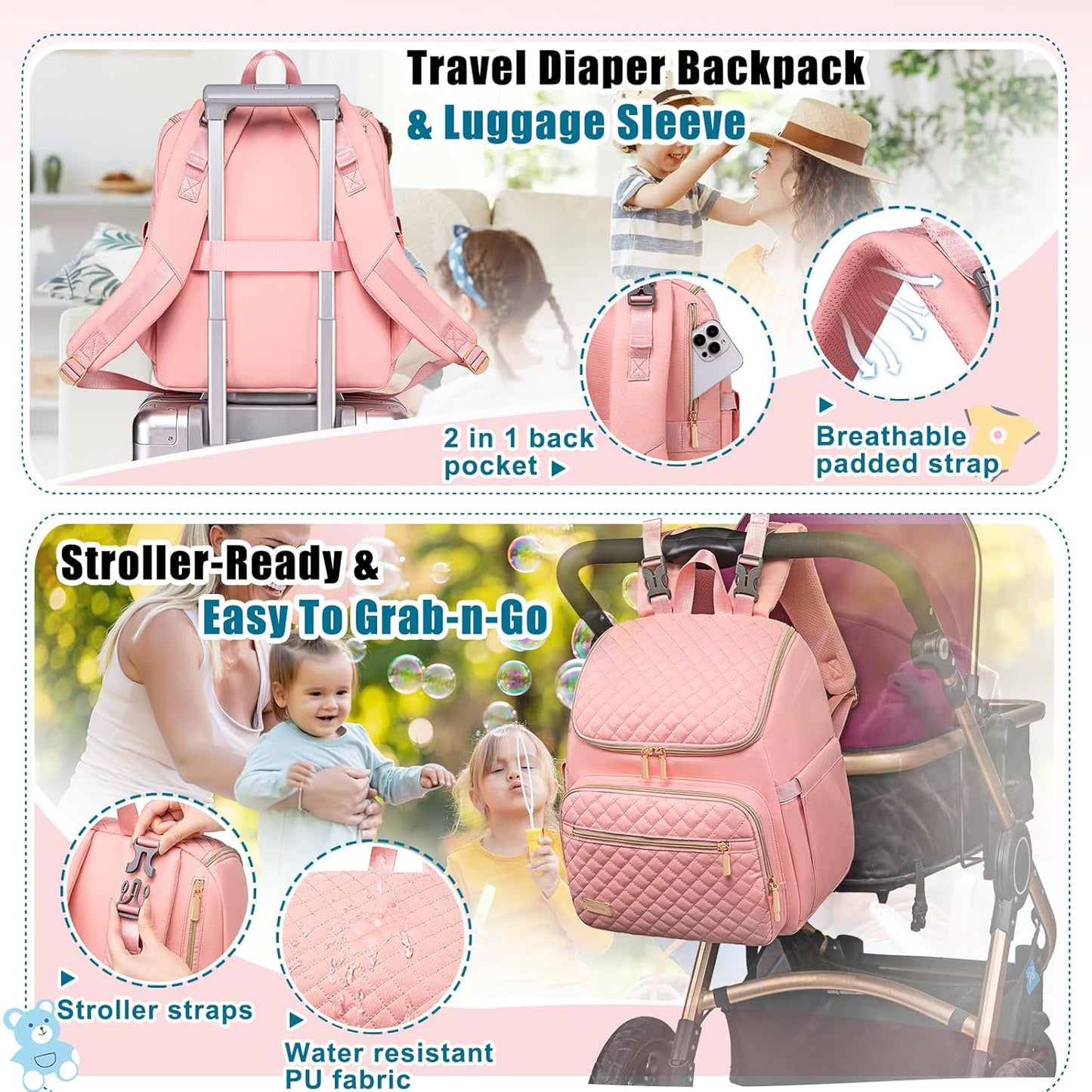 Weitars Diaper Bag Backpack Large Baby Diaper Bag with Changing Pad Travel Diaper Backpack,Baby Bag for Boys Girls,Stroller Straps,5 Insulated Pockets (Pink)