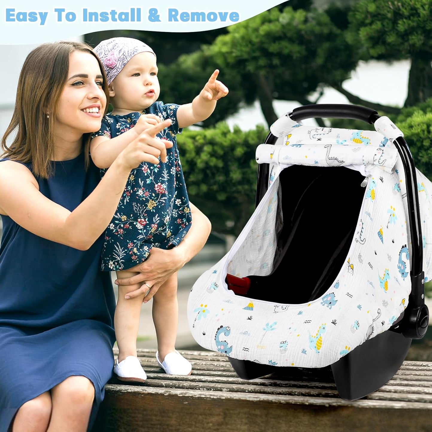 Car Seat Cover Baby, HNHUAMING Muslin Cotton Carseat Covers for Babies Girls Boys Summer Infant Car Seat Covers Canopy, Cozy Newborn Carseat Covers Stroller Cover with Breathable Mesh Window, Dinosaur