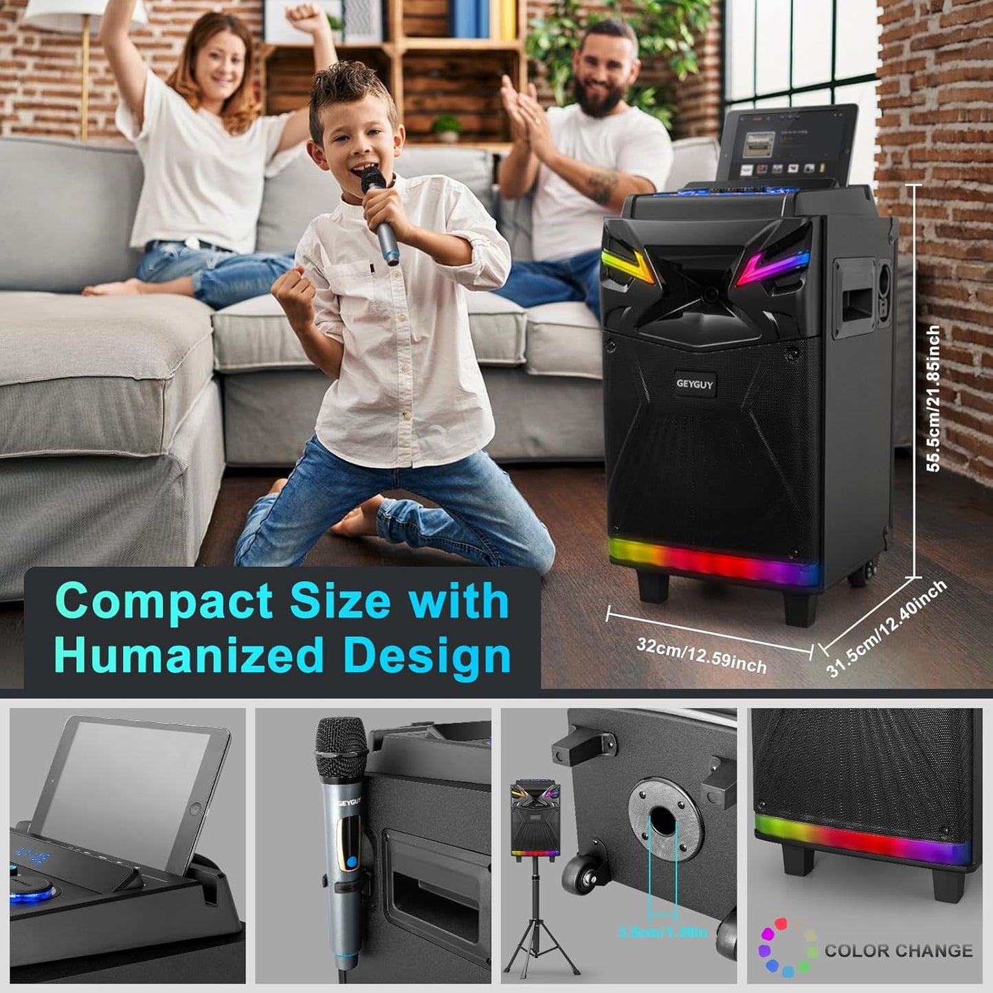 GTSK10‑1 Karaoke Machine with 2 Wireless Microphones for Adults – 10″ DSP Big Bluetooth Party Speaker with 600W Peak Power, Live Streaming & Voice Monitoring, LED Lights, Rolling Wheels & Trolley