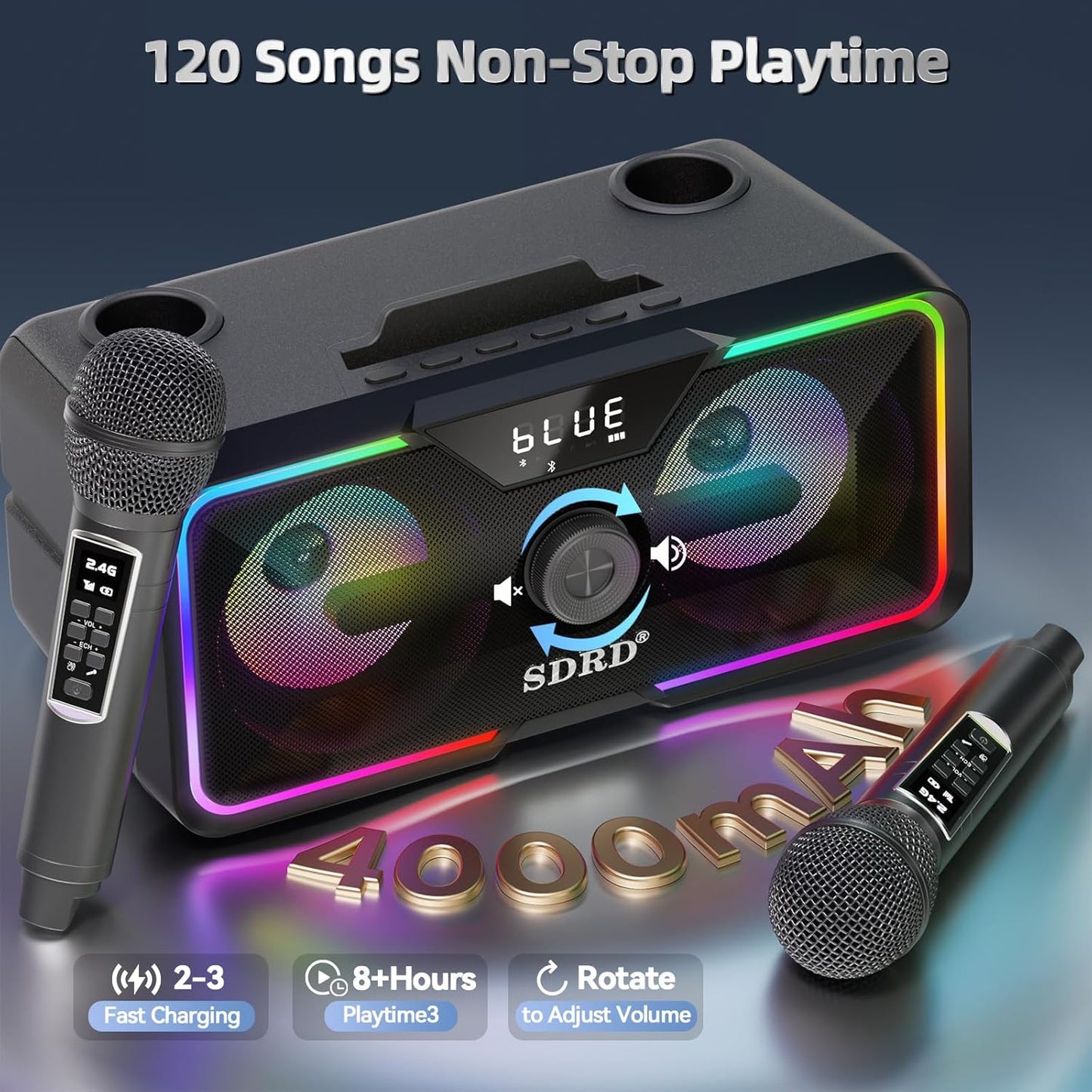 SD-215 Bluetooth Karaoke Machine for Adults & Kids- 2 Wireless Mics, 80W Powerful Sound, Rechargeable,15-Hour Playing, 6500mAh, LED Lights, Supports BT/USB/AUX for Home Parties Outdoor Gatherings