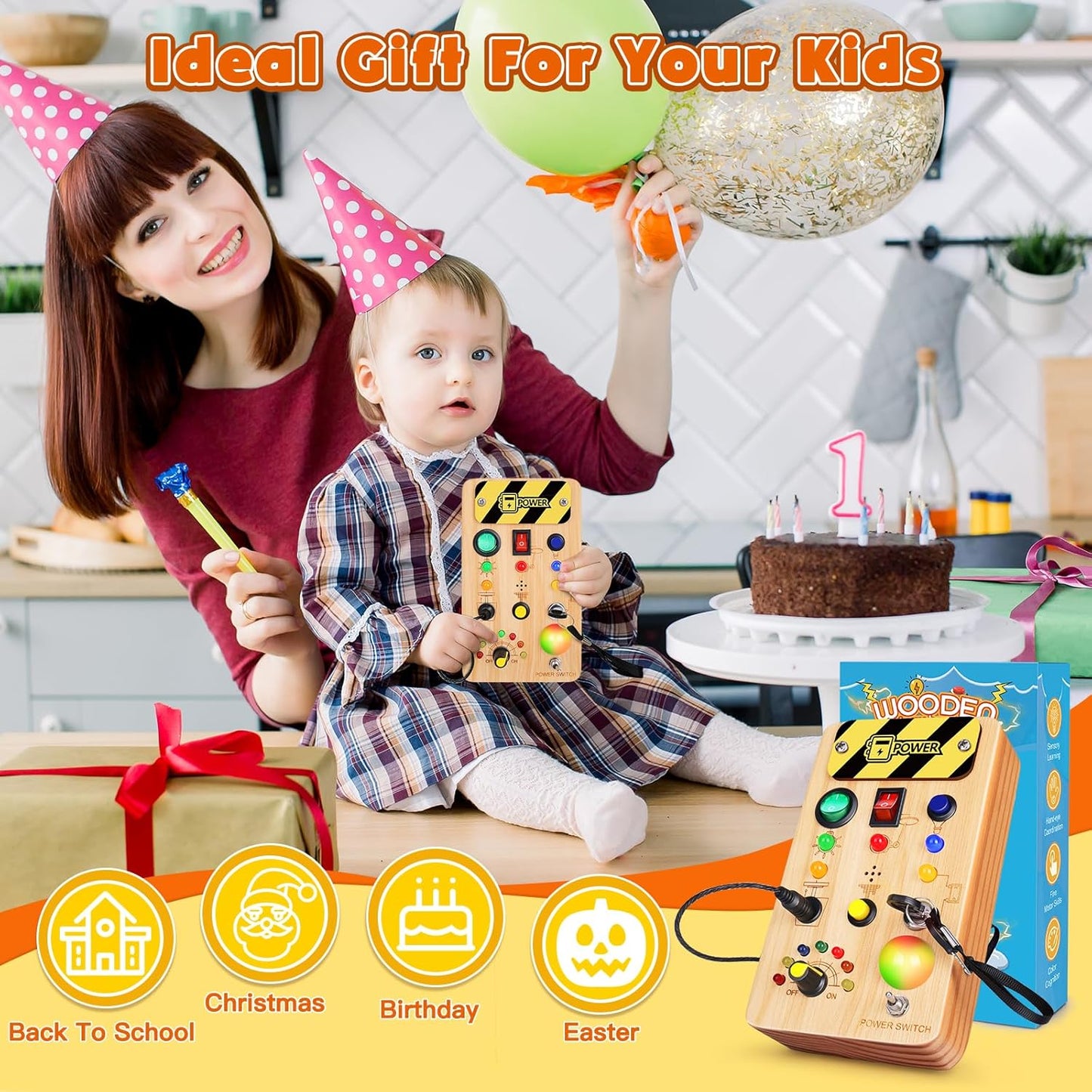 Busy Board Montessori Toys for Toddler, Wooden Sensory Board Switch Toy with Color-Changing LED Light Up Travel Toys Educational Plane Travel Activity for 1-6 Year Old Girls & Boys Gifts