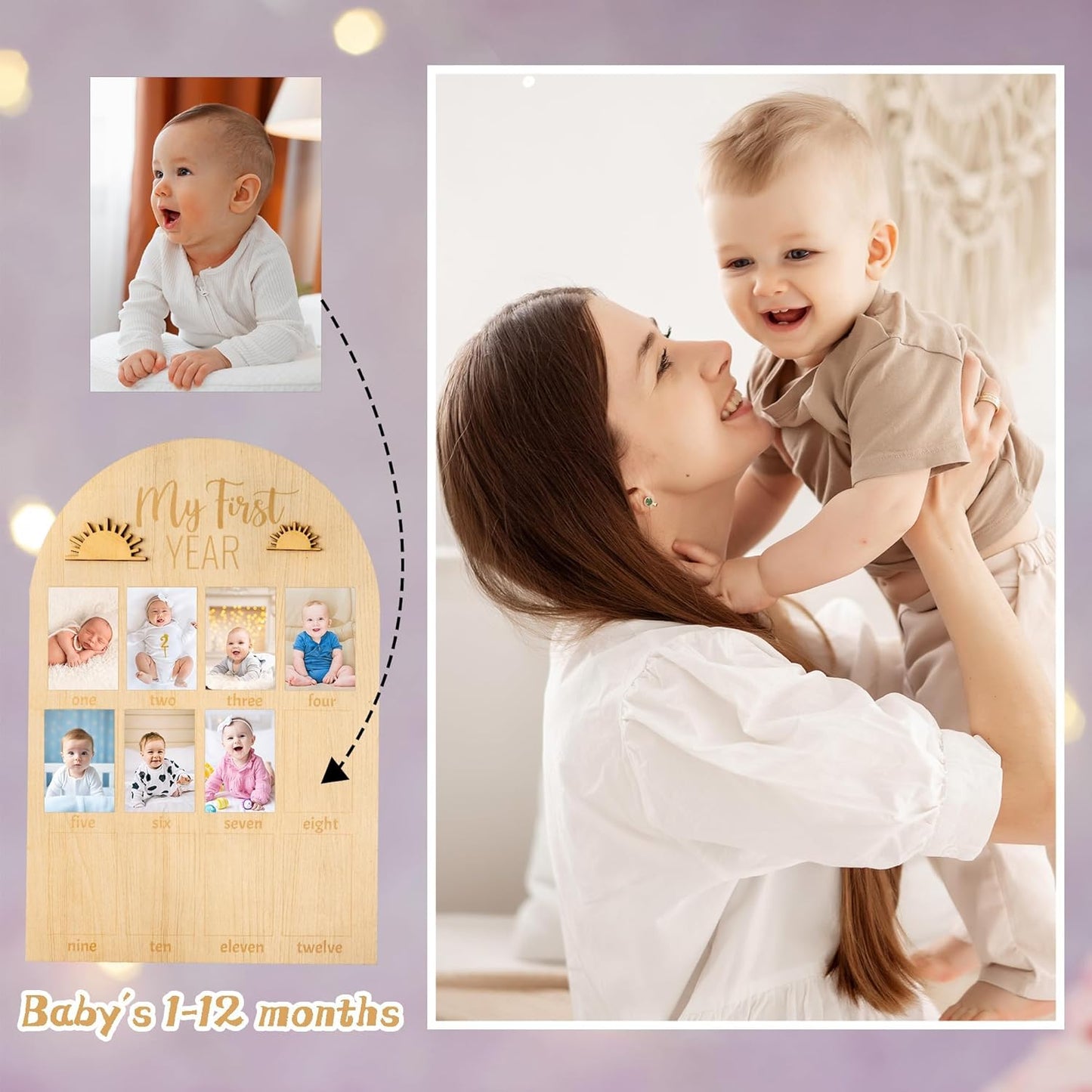 R HORSE My First Year Photo Display Wood Board, 3D Boho Sun Baby's First Year Picture Frame 12 Months Milestone Board Neutral Baby Keepsake Birthday Nursery Decor Gift for Boy Girl