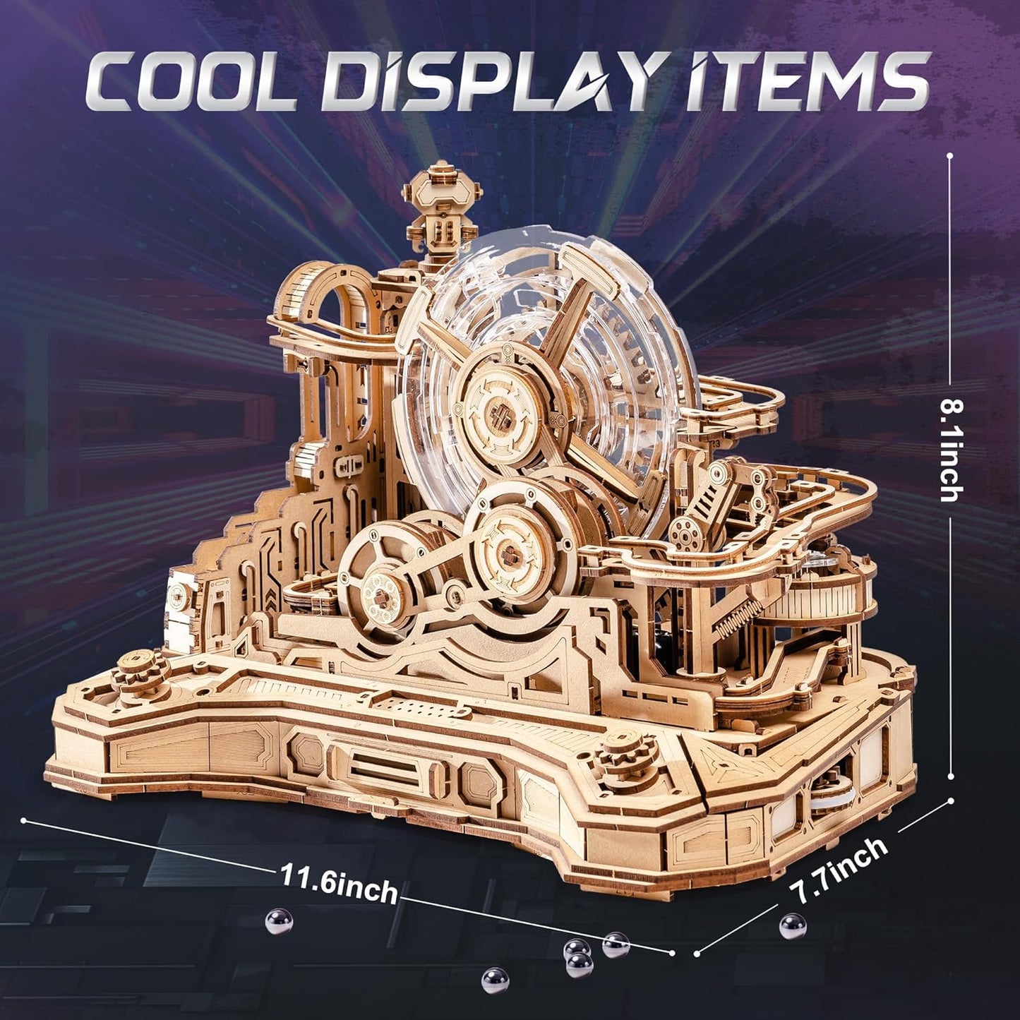 ROKR 3D Wooden Puzzles for Adults Miniature Marble Run Building Toys,DIY Pinball Machine Model Kits-Gear Ball Challenge EGC01