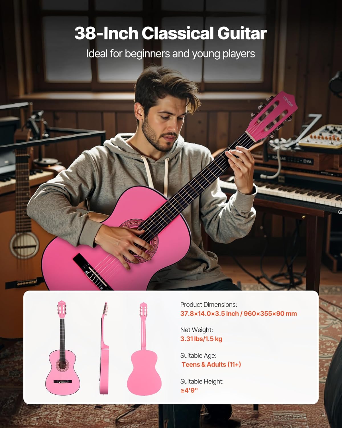 VEVOR Acoustic Guitar, Classical Guitar Starter Kit for Beginners, with Nylon Strings, Basswood Guitar, for Kids Adults Girls Boys Students