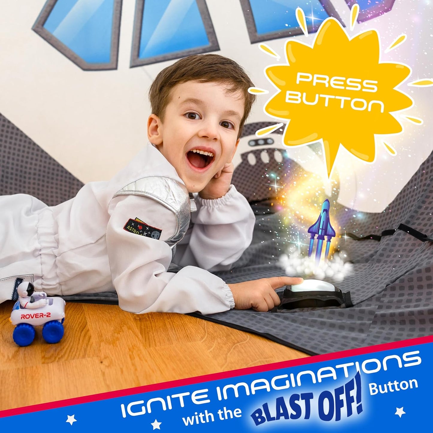 W&O Space Explorer Aerodome with LED Lights & Blast-Off Button โ Inflates in Seconds to Create an Immersive Space Adventure for Kids Ages 3-12 โ Inflatable Rocket Ship Tent (Fan Not Included)