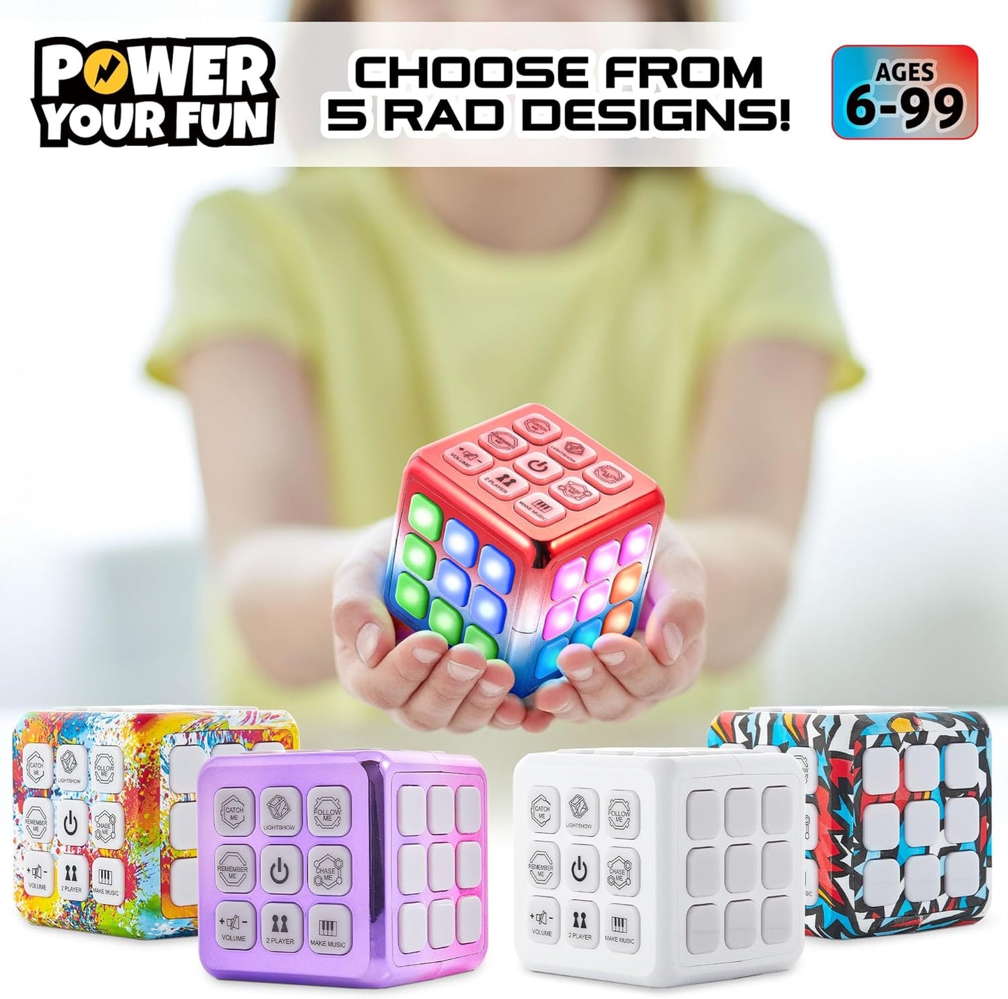 Power Your Fun Cubik LED Flashing Cube Memory Game - Electronic Handheld Game STEM Toy, 5 Brain Memory Games for Kids Brain Play Sensory Toys Puzzle Fidget Toy Light Up Cube (Metallic Red/Blue)