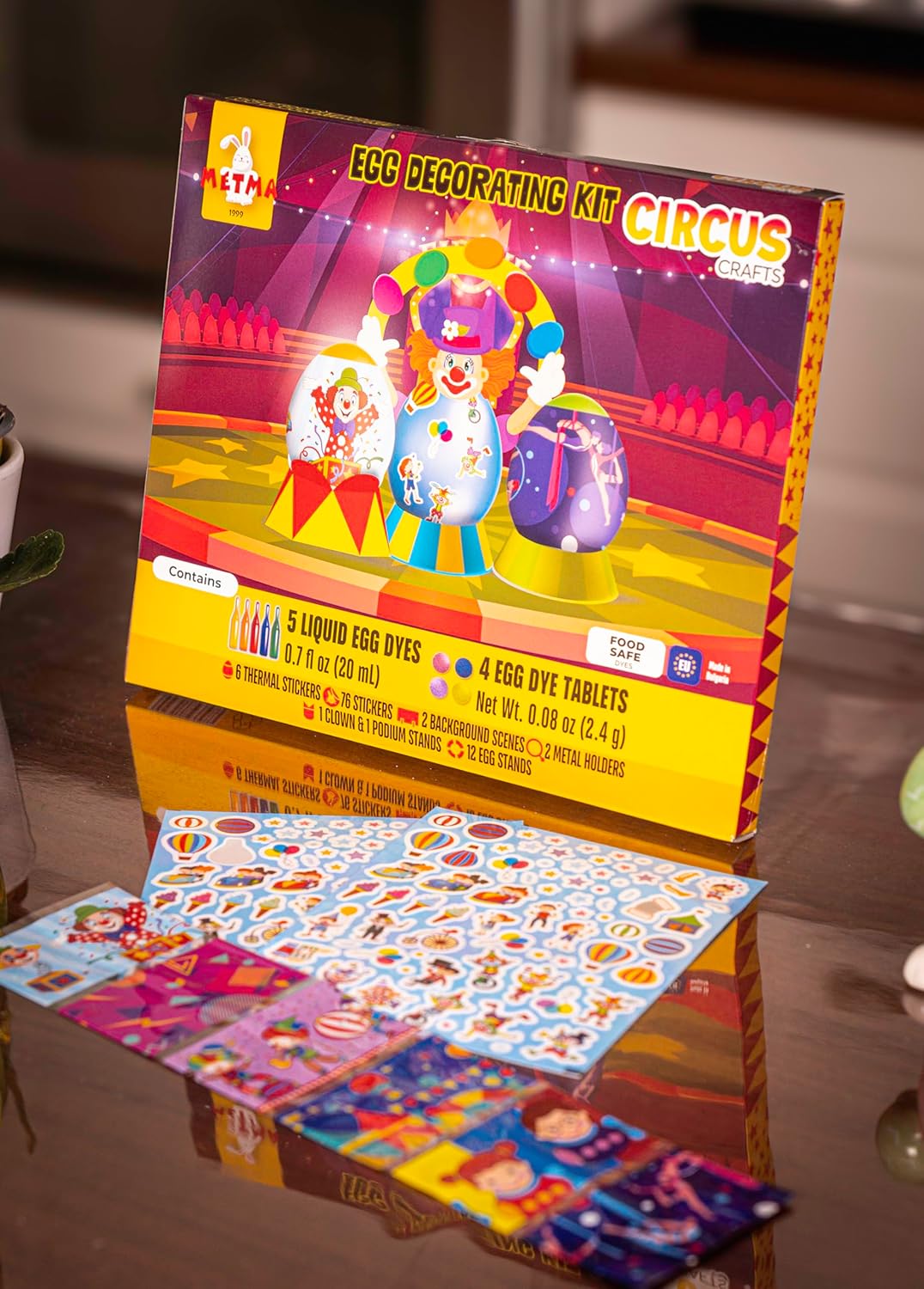 METMA 1999 Egg Decorating Kit Circus Crafts - Complete Decorative Eggs Set with Liquid Dyes, Tablets, Stickers, Egg Spinner and More - Fun Easter Egg Dye Kit Arts and Crafts for Kids (Circus Crafts)