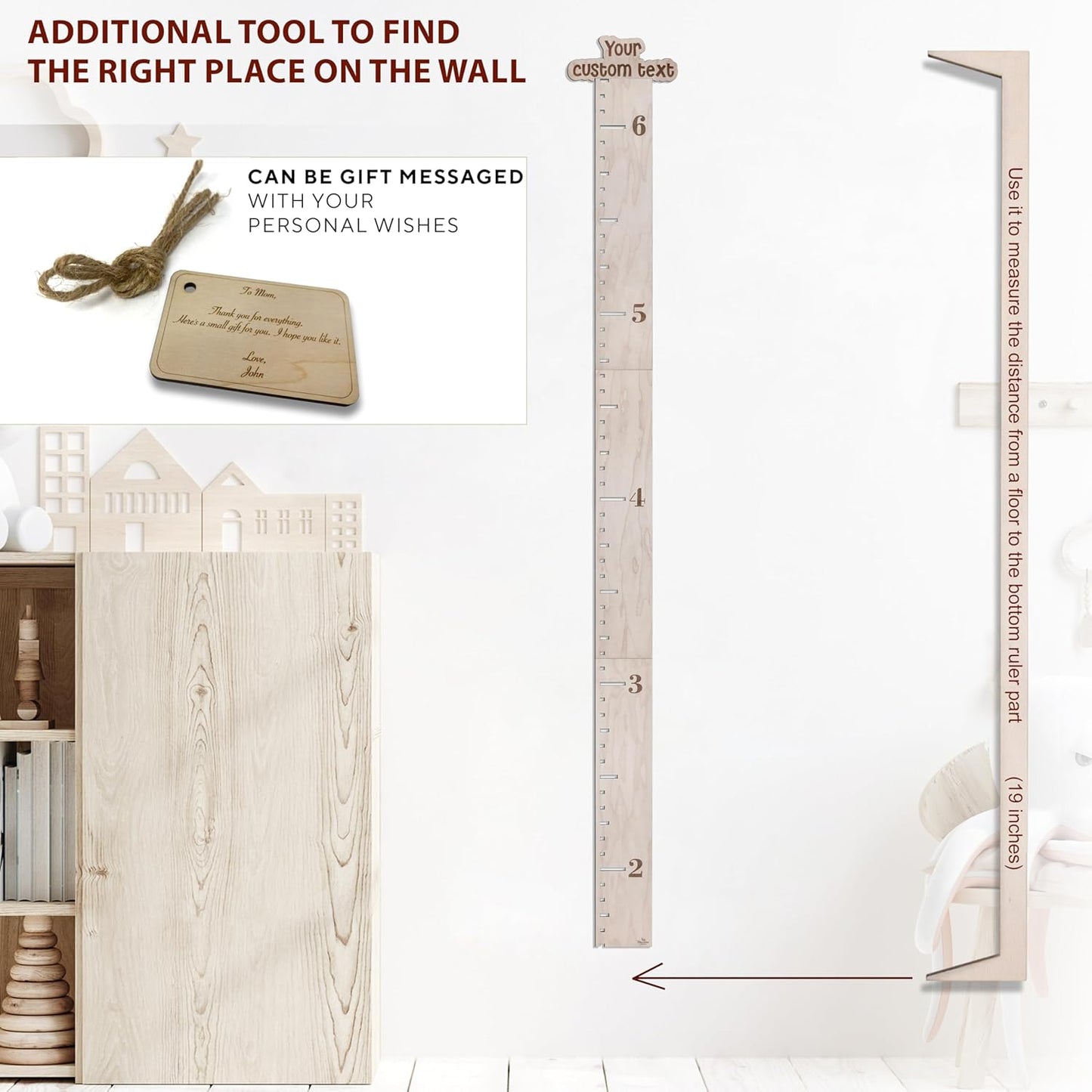 Personalized Wooden Ruler Growth Chart for Kids with Height Markers, Custom Name Growth Chart Hanging Decor for Baby Boy & Girl, Family Measuring Board Wood, Wall Meter for Children (56 in x 3,5 in)