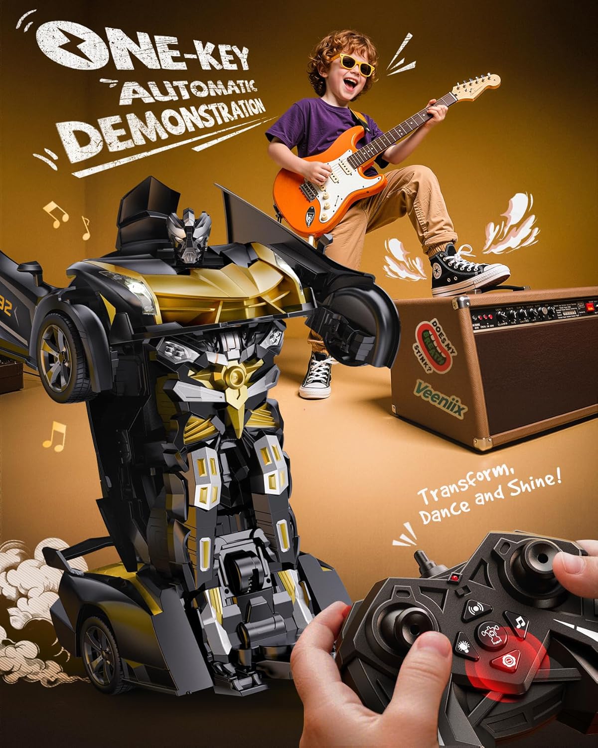 V992 Transform Remote Control Car, Transform Robot RC Cars, 1:14 Scale, 2-in-1 Robot Toy Car with Sound & Light, Gesture Sensing, Automatic Deformation, Great Gift Toys for Boys and Girls 4-6 (Golden)