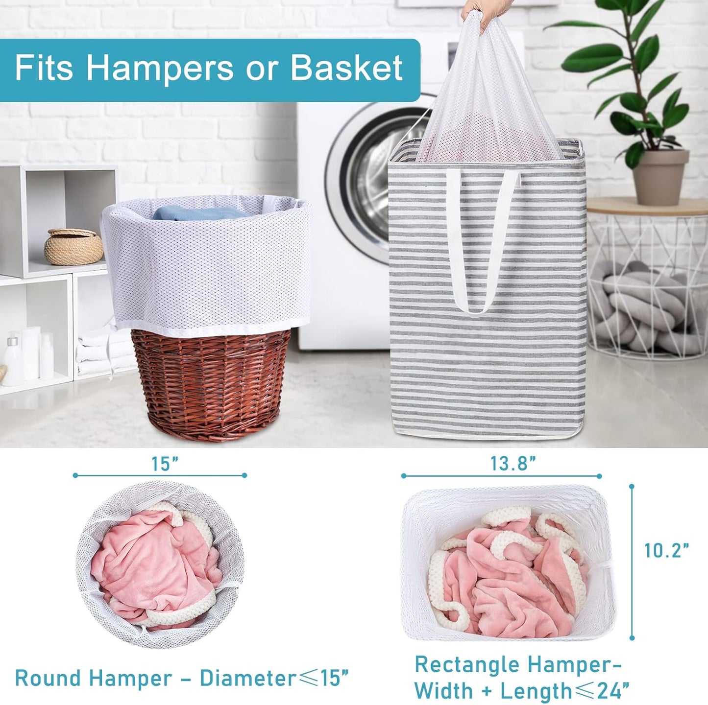 Polecasa Diamond Mesh Laundry Bags, 2Pcs 24 x 36 inches Heavy Duty Mesh Laundry Bag with ID Tag and Drawstring Closure, Large Laundry Hamper Liner, Laundry Bag for Travel, Sports, Dorms (White)