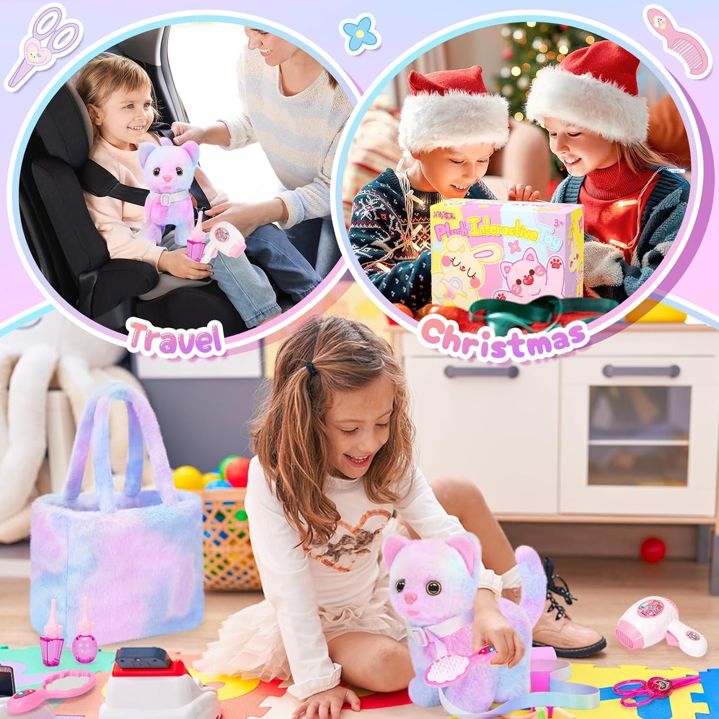 Plush Interactive Cat Toys for Kids with Tote Bags, Stuffed Robot Pet Kitten with Leash Walking Meow Pretend Play, Realistic Cute Stuff Fidget Toys for Toddler Stocking Stuffers Birthday Gifts