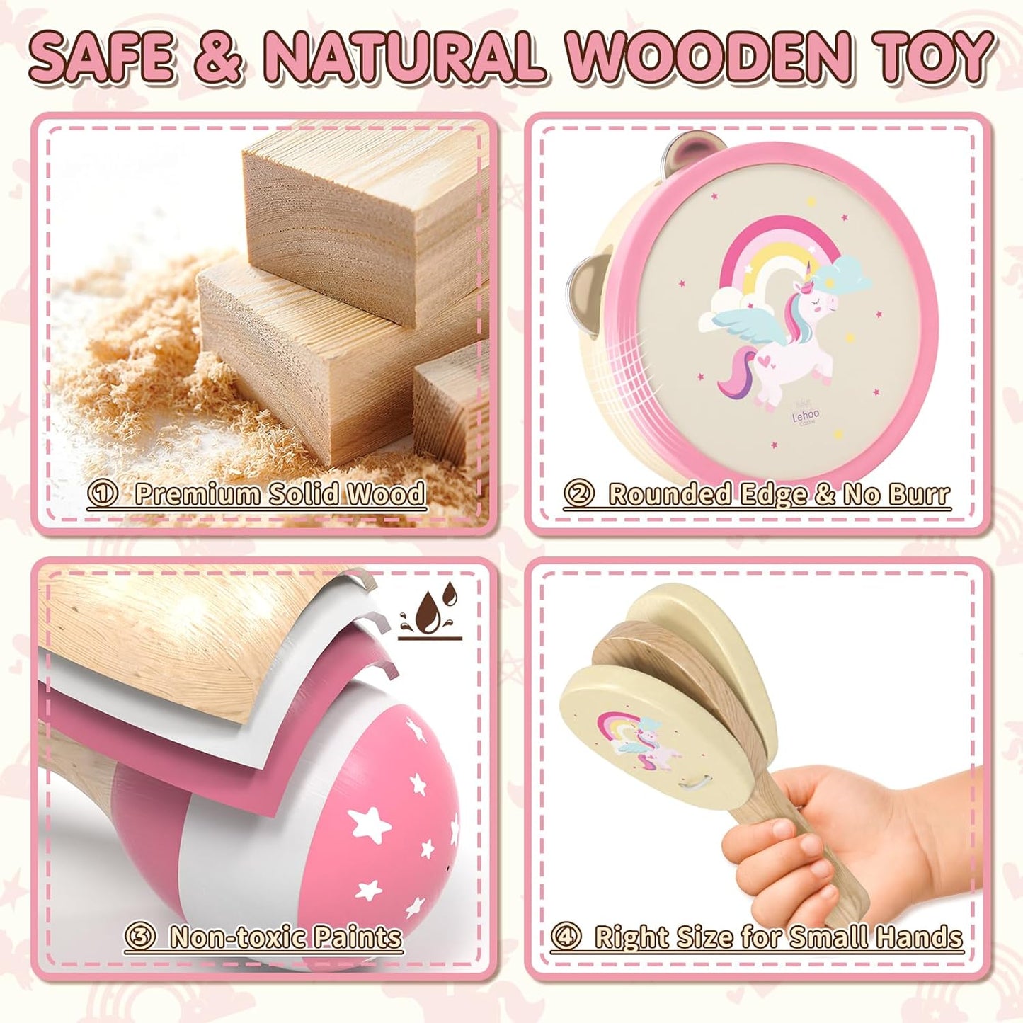 Baby Musical Instruments for Toddlers 1-3, Montessori Wooden Toys for 1 Year Old, Xylophone Maracas Percussion Set with Storage Bag, Learning Toys for Boys Girls Age 2-4, Christmas Birthday Gift, Pink