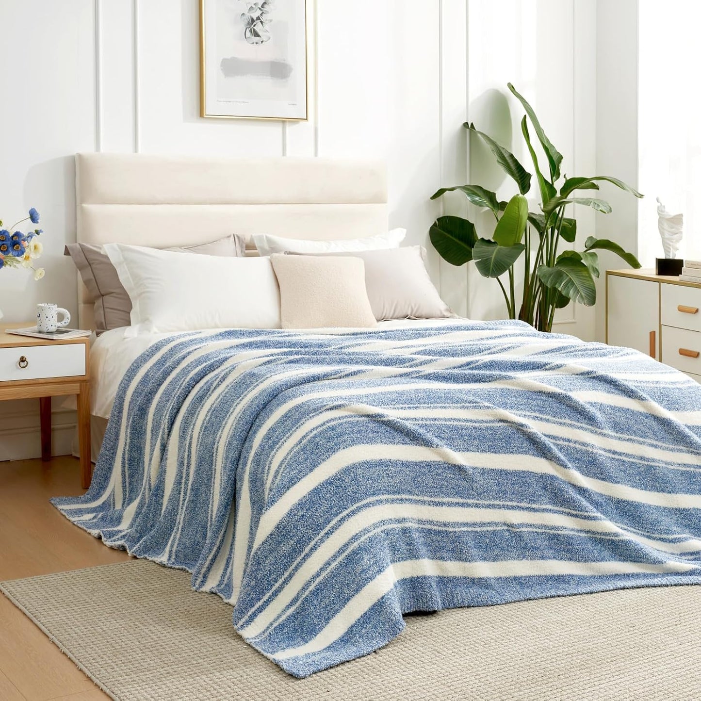 Snuggle Sac Stripe Blue Blankets Luxurious Microfiber Fabric, Reversible Super Soft Bedding Blankets Warm Cozy Knit Fuzzy Plush Blanket for Bed,Couch,Sofa,Living Room, Blue Stripe,60x80 inches
