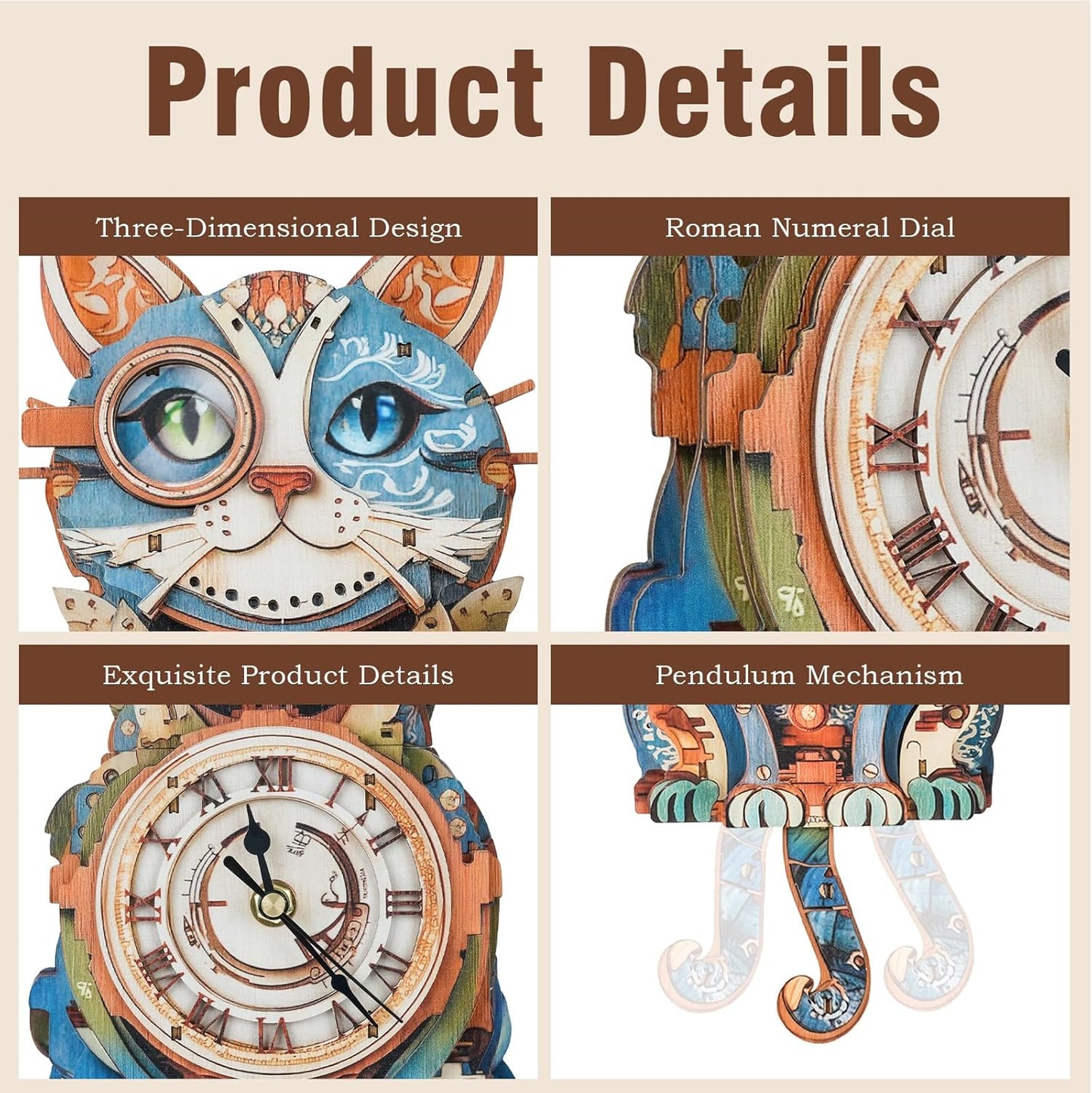 3D Puzzles for Adults Clock-Cat Detective Design Model Kit-Mechanical DIY Pendulum Clock with Roman Numerals-Desk Home Office Decor Personalized Gift for DIY Lovers