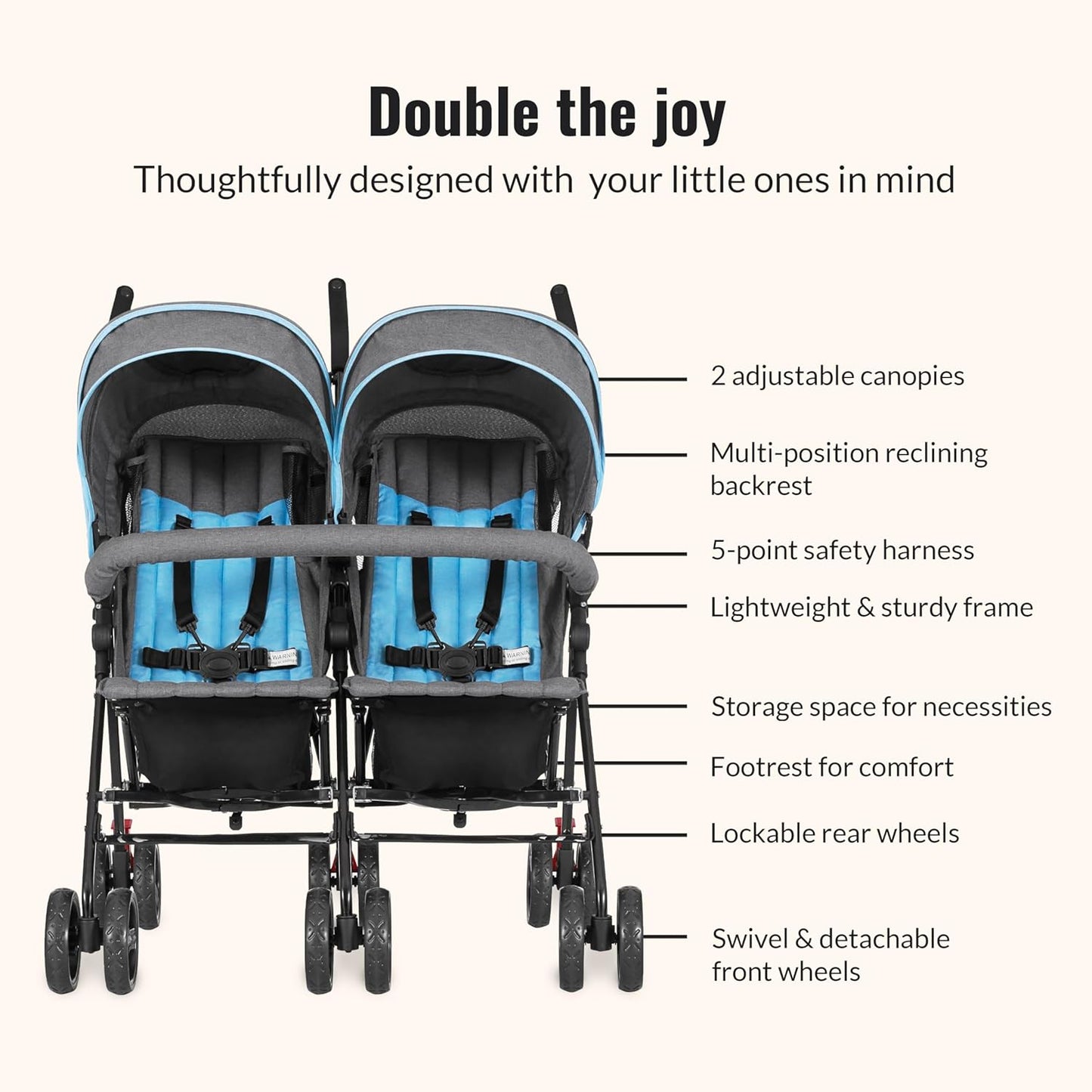 Dream On Me Volgo Twin Umbrella Stroller in Blue, Lightweight Double Stroller for Infant & Toddler, Compact Easy Fold, Large Storage Basket, Large and Adjustable Canopy
