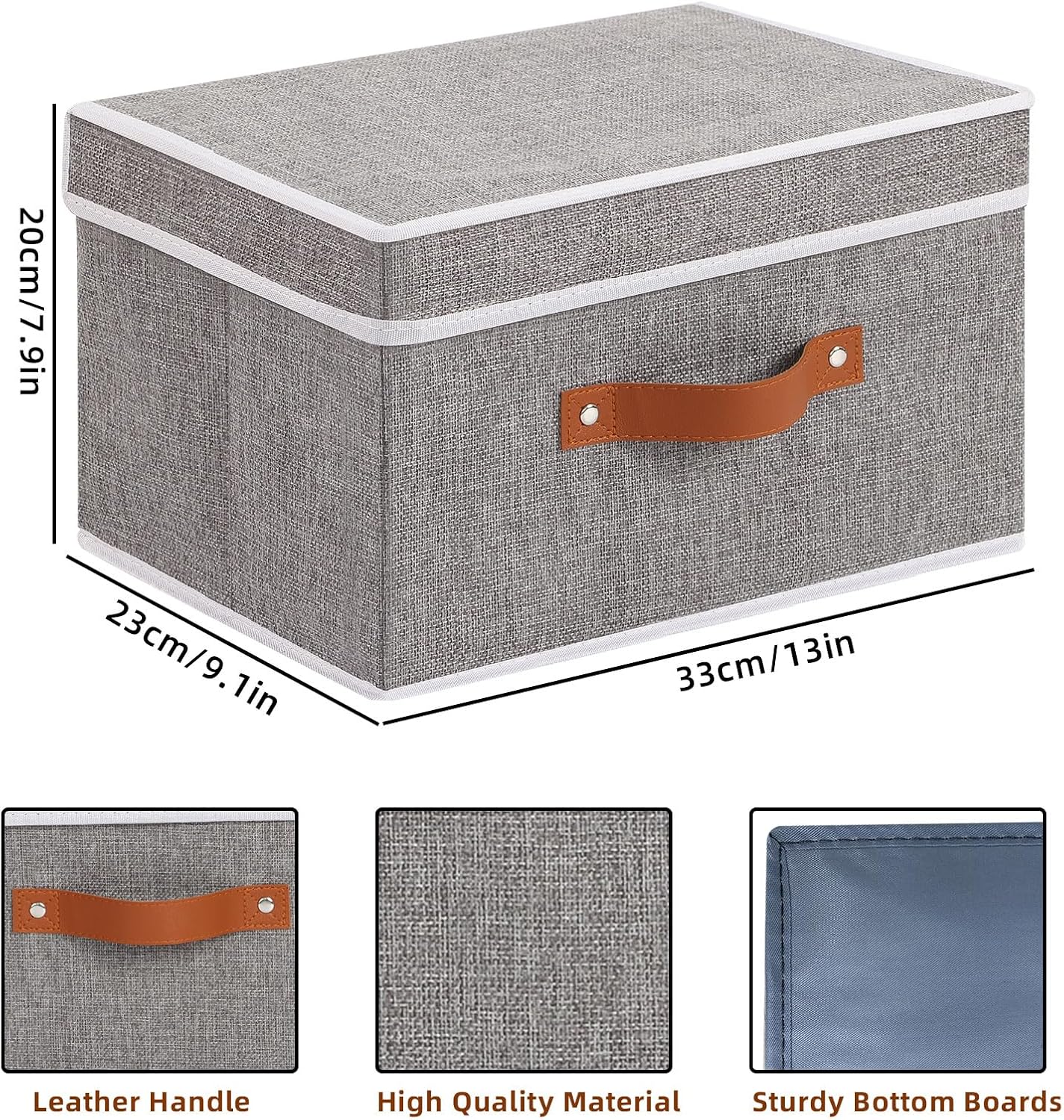 Fabric Storage Bins with Lids, Linen Foldable Clothes Boxes, Closet Organizer Containers with Double Handles, Baskets for Bedroom, Grey, 1 Pack, 13 x 9.1 x 7.9 Inch