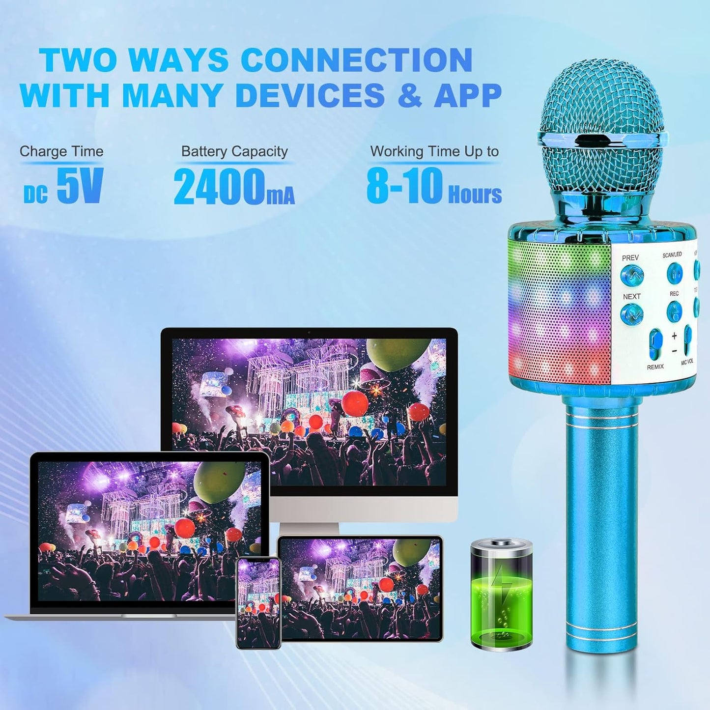 BlueFire 4 in 1 Karaoke Wireless Microphone with LED Lights, Portable Microphone for Kids, Great Toys for Kids, Girls, Boys and Adults (Blue)