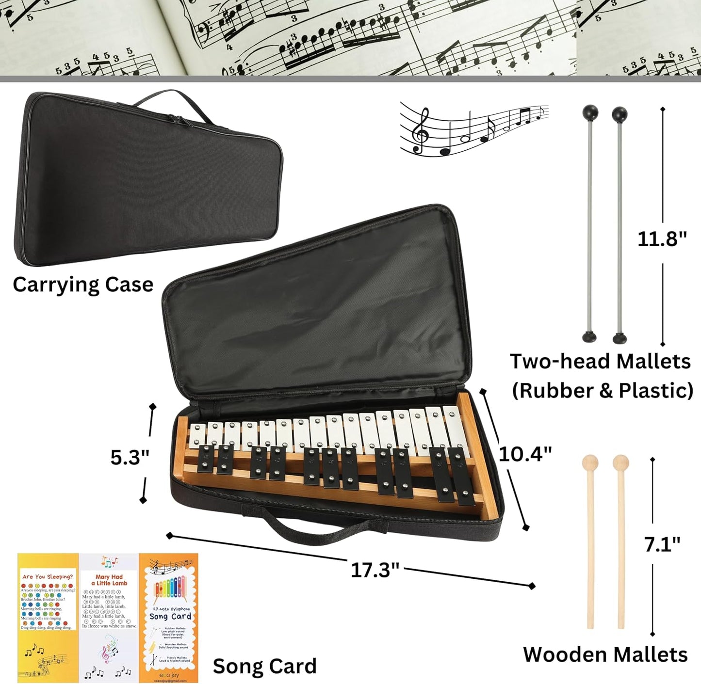 Xylophone + Rubber & Wooden Beaters| 27 Notes Glockenspiel for Adult & Kids| Professional Xylophone Instrument Music Teaching| Gifts Includes Song Book and Carry Case