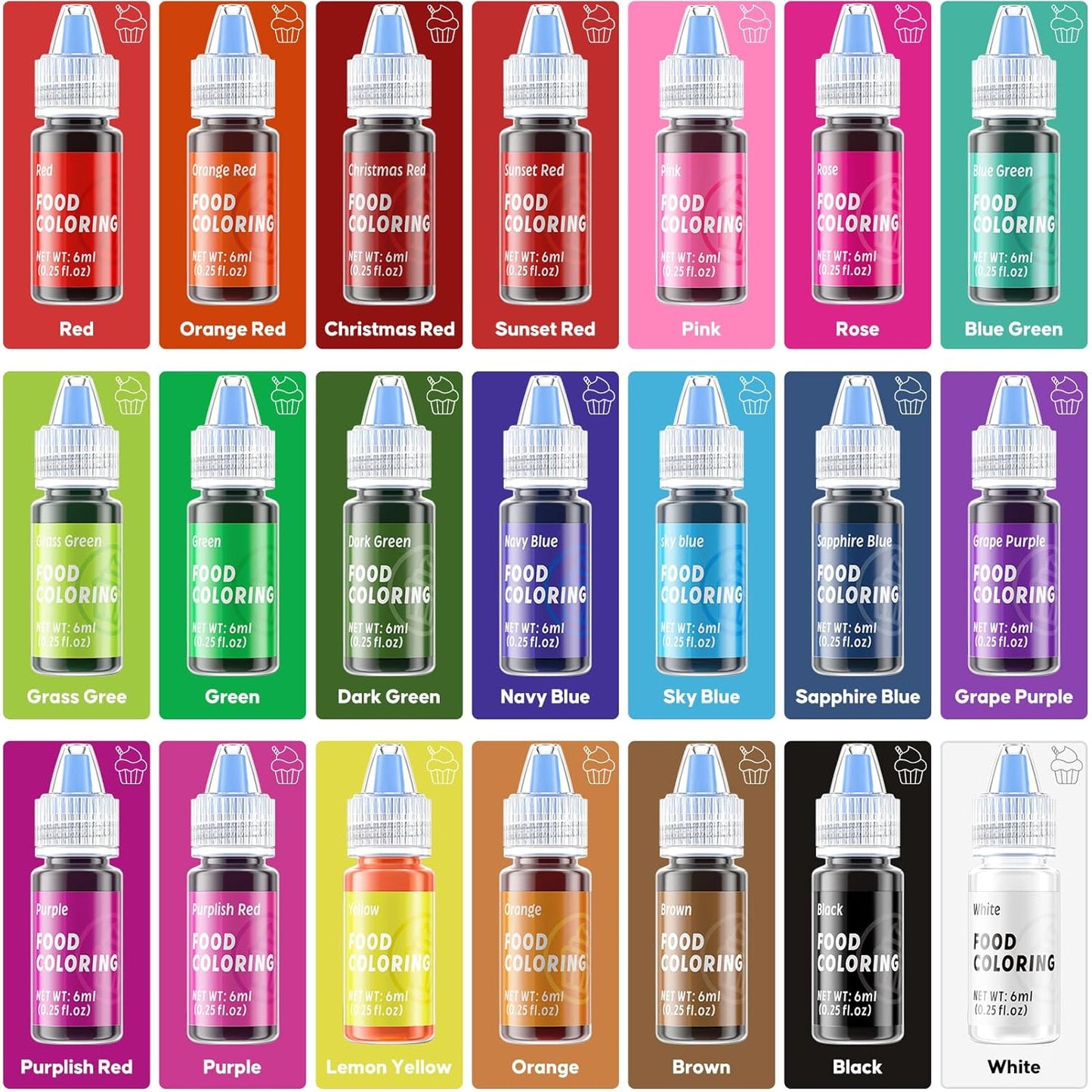 Food Coloring for Cake Decorating - 21 Edible Color Food Grade Vibrant Food Dye Tasteless Food Color for Cake Decorating Baking Easter Egg Icing Fondant Cooking- 0.25 Fl.oz/Bottle