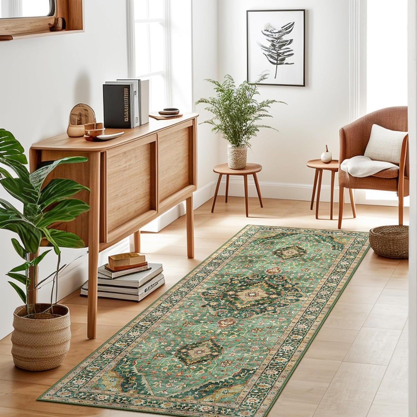 Green Runner Rugs for Hallway 2x6 Ft Non-Slip Fall Runner Rugs with Rubber Backing Washable Rug Runner for Kitchen Bedroom Vintage Distressed Carpet (Border Green)