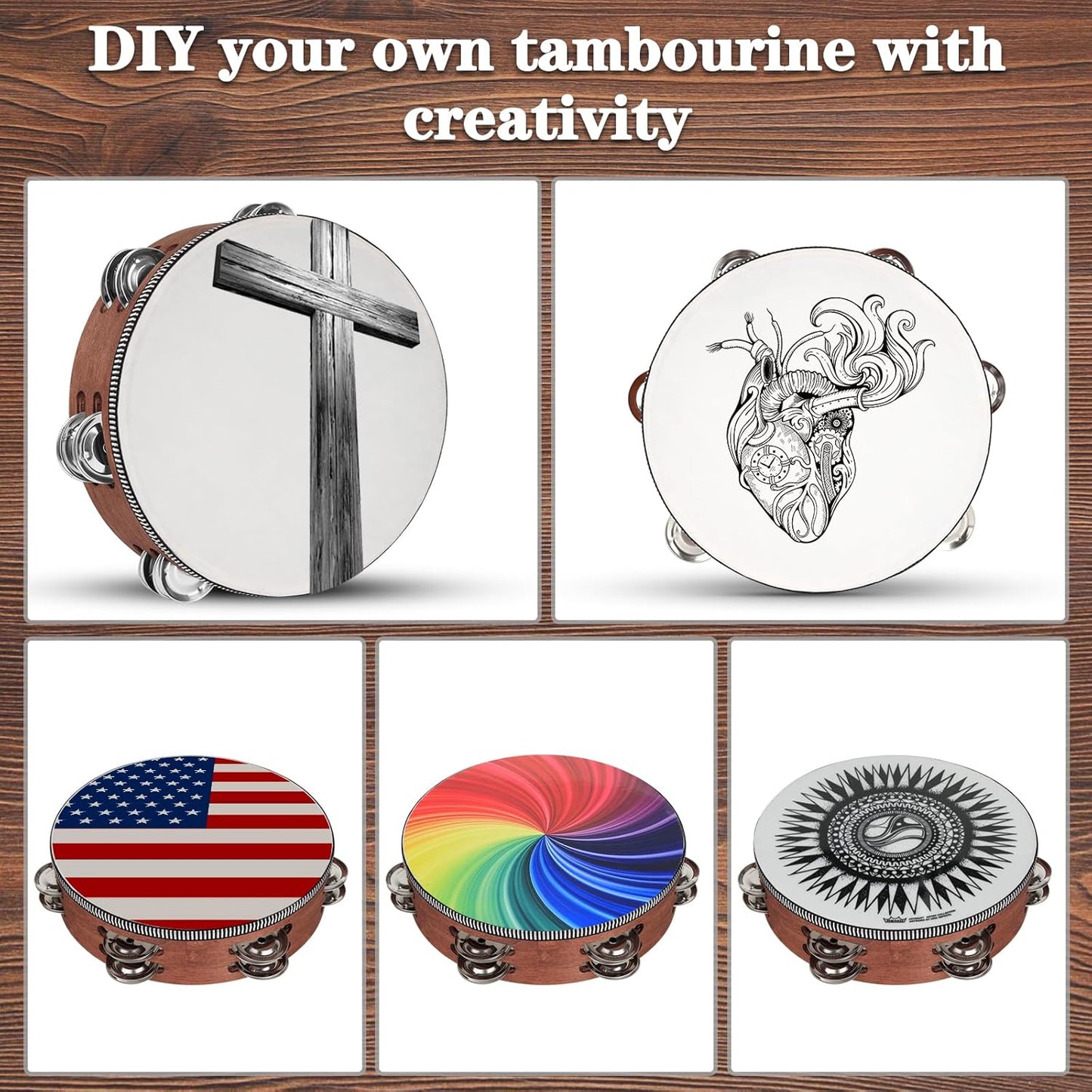 Wooden Hand Held Percussion Tambourine with Storage Bag - 8 Inches, Ideal for Church, Wedding, Party, Dance, Photo Shoot