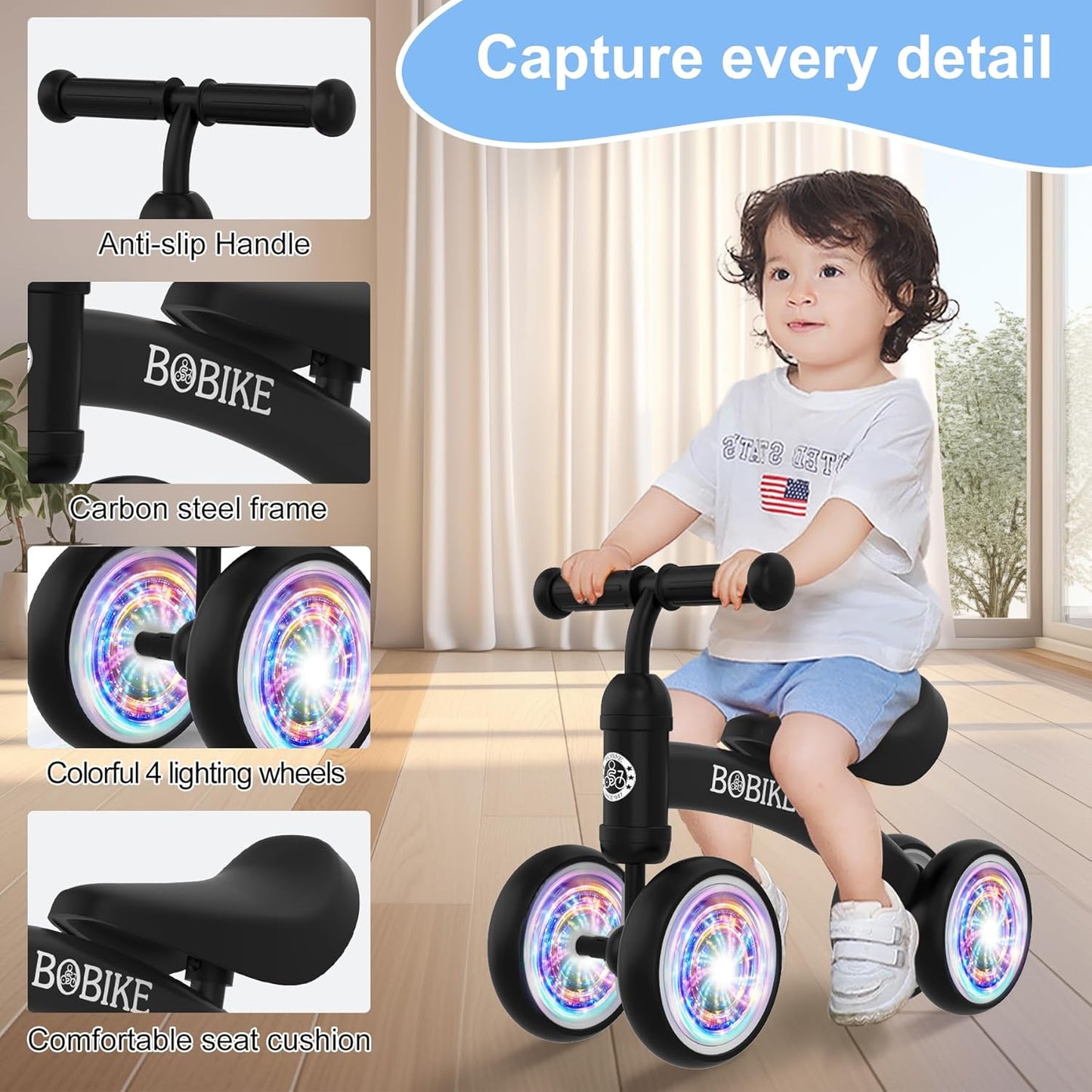 Baby Balance Bike Toys for 12-36 Months Kids Toy Boy and Girls Gifts Toddler Best First Birthday Gift Children Walker No Pedal Infant 4 Wheels Bicycle (Colorful, Black-Light)