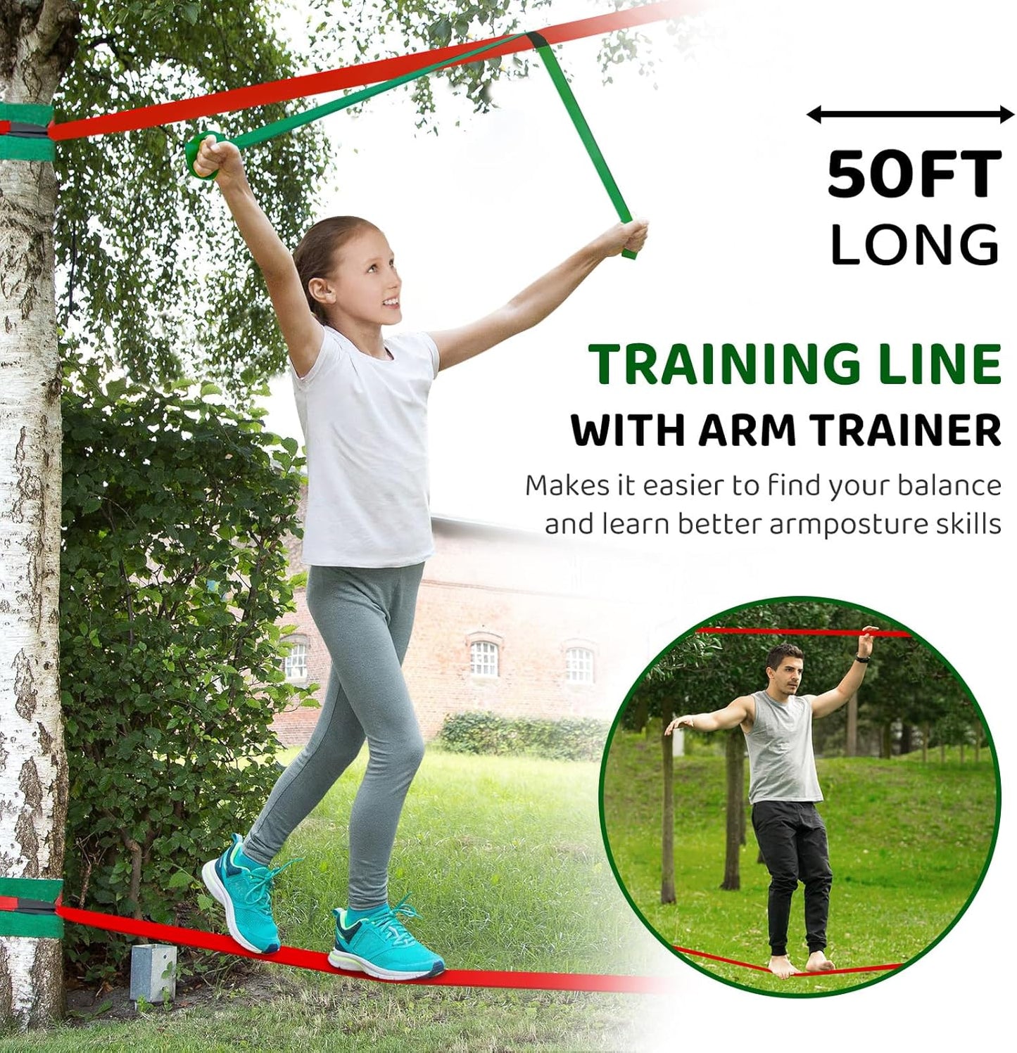 Ninja Warrior Obstacle Course for Kids Backyard - 2ร50ft Slackline Kit with 10 Most Complete Accessories for Boys & Girls, Swing, Rope Ladder, Gymnastic Ring, Climbing Net, Arm Trainer and Monkey Fist