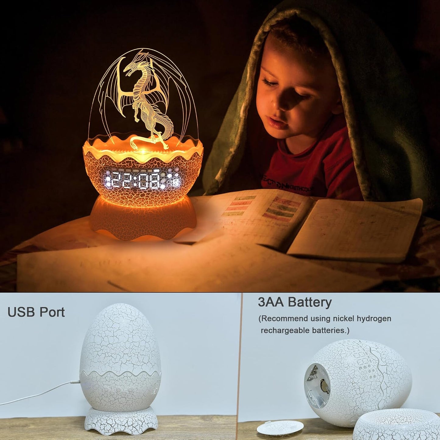 Unique Dragon Egg Digital Clock Ok to Wake Up Alarm Clock with Night Light / Lullaby White Noise / Bluetooth Speaker, Remote Control 16 Colors & Brightness & Volume, Cool Dragon Gift for Kids/Adult