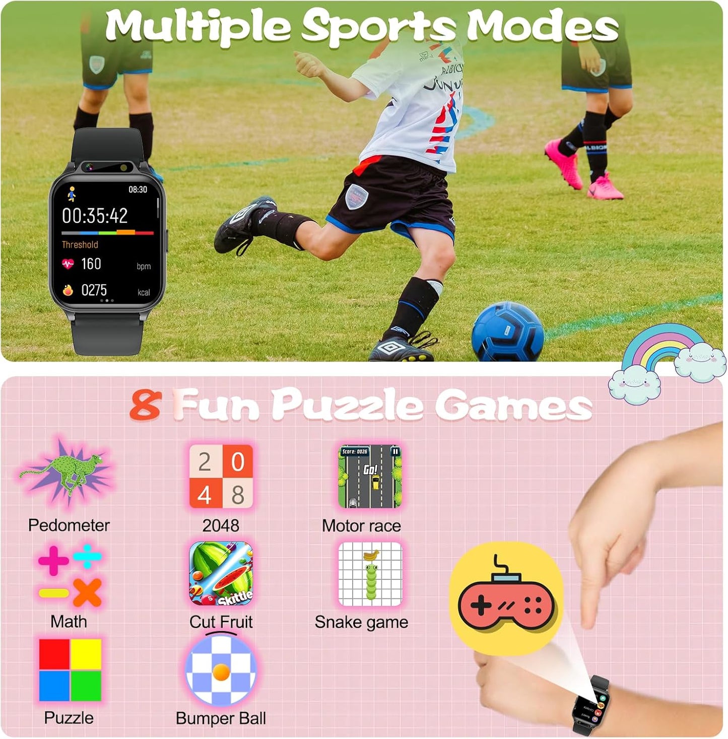 1.85" Kids Watch, AI(Translation/Q&A/Watch Face/Image Recognition)Smartwatches with Heart Rate,Sleep Monitor,Video Music Pedometer,NO APP/Phone, Gifts for 3-12 Years old Boys Girls(Built-in AI, Black)