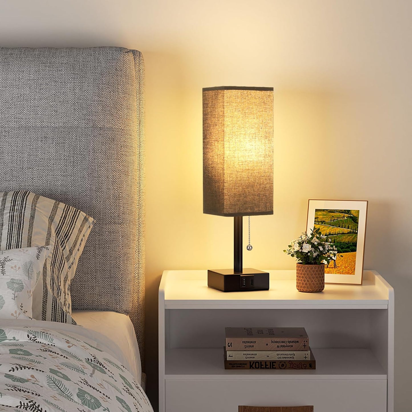 Black Small Table Lamp for Bedroom - 3 Color Temperature 3000K 5000K 4000K Bedside Lamp, Pull Chain Control, USB A and C Charging Ports, Black Base, for Kids Office Dorm Nightstand, Bulb Included