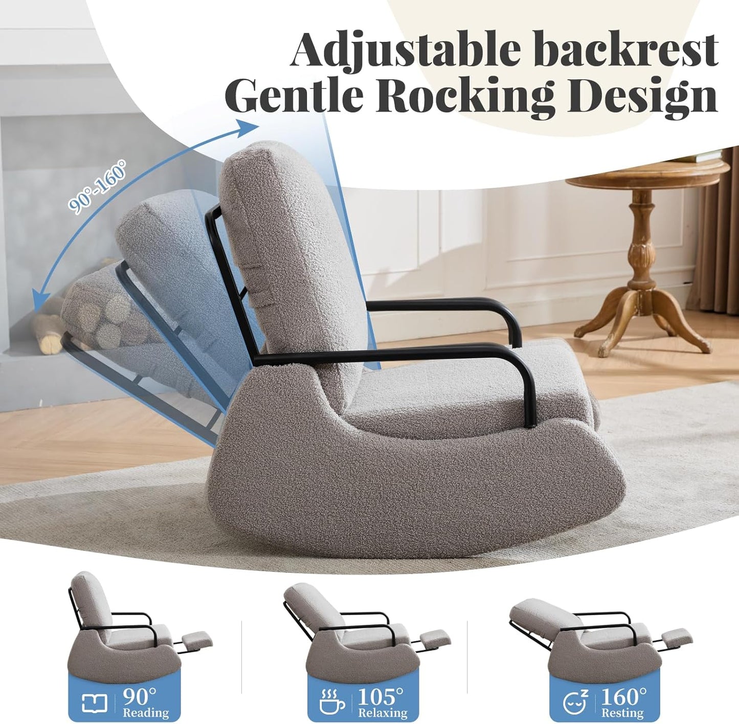 Nursery Rocking Chair, Teddy Upholstered Glider Rocker Modern Accent Chair Padded Seat with High Backrest,Comfy Side Chair for Nursery,Living Room Bedroom Offices, Gray