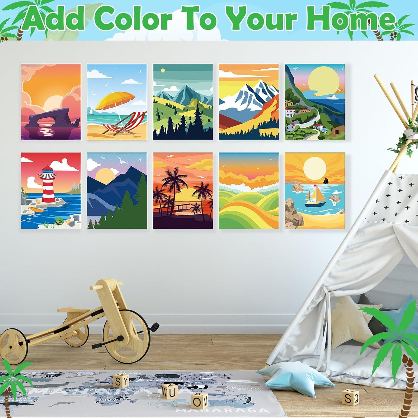 Blosssound 10 Set Pre Printed Canvas Pre Drawn Canvas Painting with Easel Kits 5" x 7" Outline Painting Panels for Beginners, DIY Craft Project, Party Favor, Home Decors(Summer)