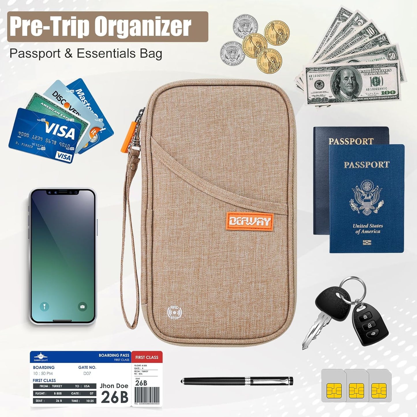 defway Passport Holder Travel Wallet - Family Passport Holder of 4, RFID Blocking Passport Wallet for Men Women, Travel Essentials for Flying (khaki)