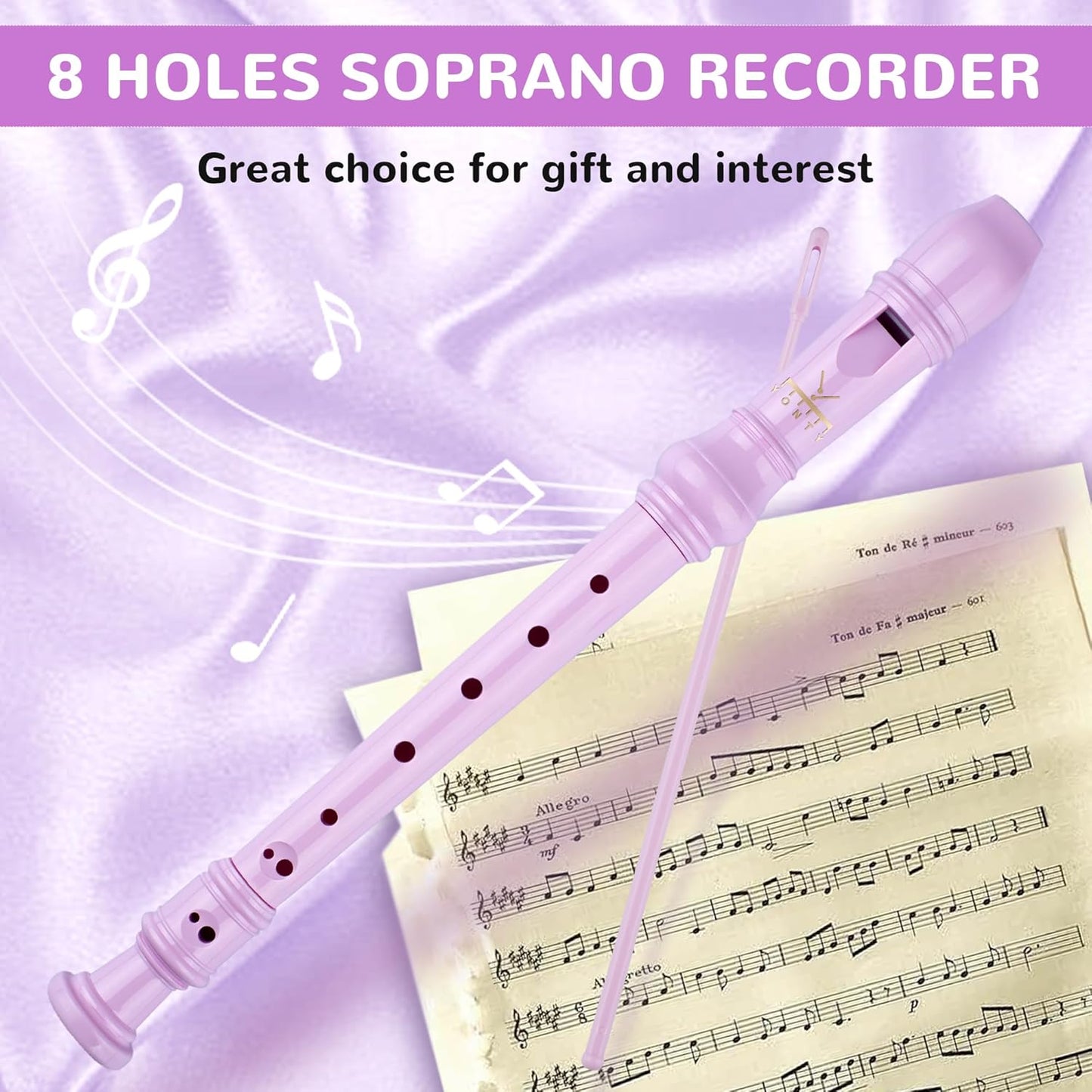 Soprano Recorder 8-Hole Instrument for Beginners Kids Students, German Style C Key Flute with Cleaning Rod & acking Bag for Education & Entertainment - Pink