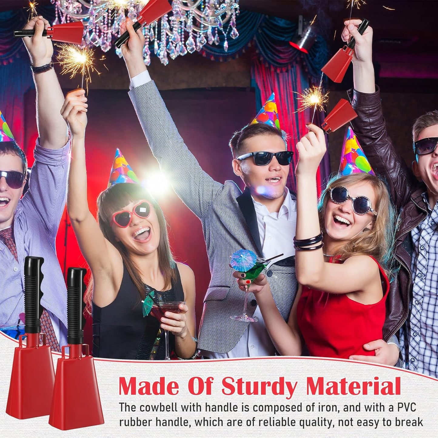 24 Pcs Cow Bell Cheering Bell Cow Bells Noise Makers for Sporting Events Football Cowbell with Handle Loud Musical Instrument for Sports School Classroom Alarm(red,9 '')