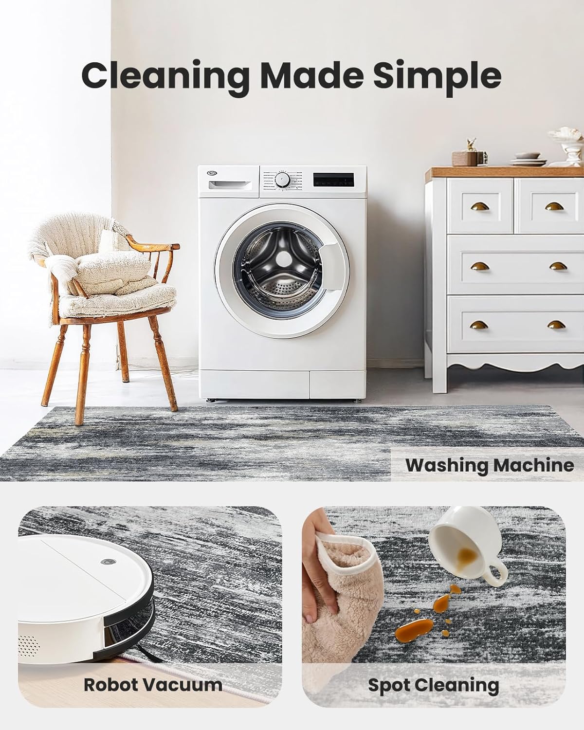 Amada 9x12 Large Area Rug, Modern Abstract Living Room Rug with Non-Slip Backing & Short Pile, Washable Rug with Abstract Pattern for Living Room, Bedroom and Dinning Room, Light Grey