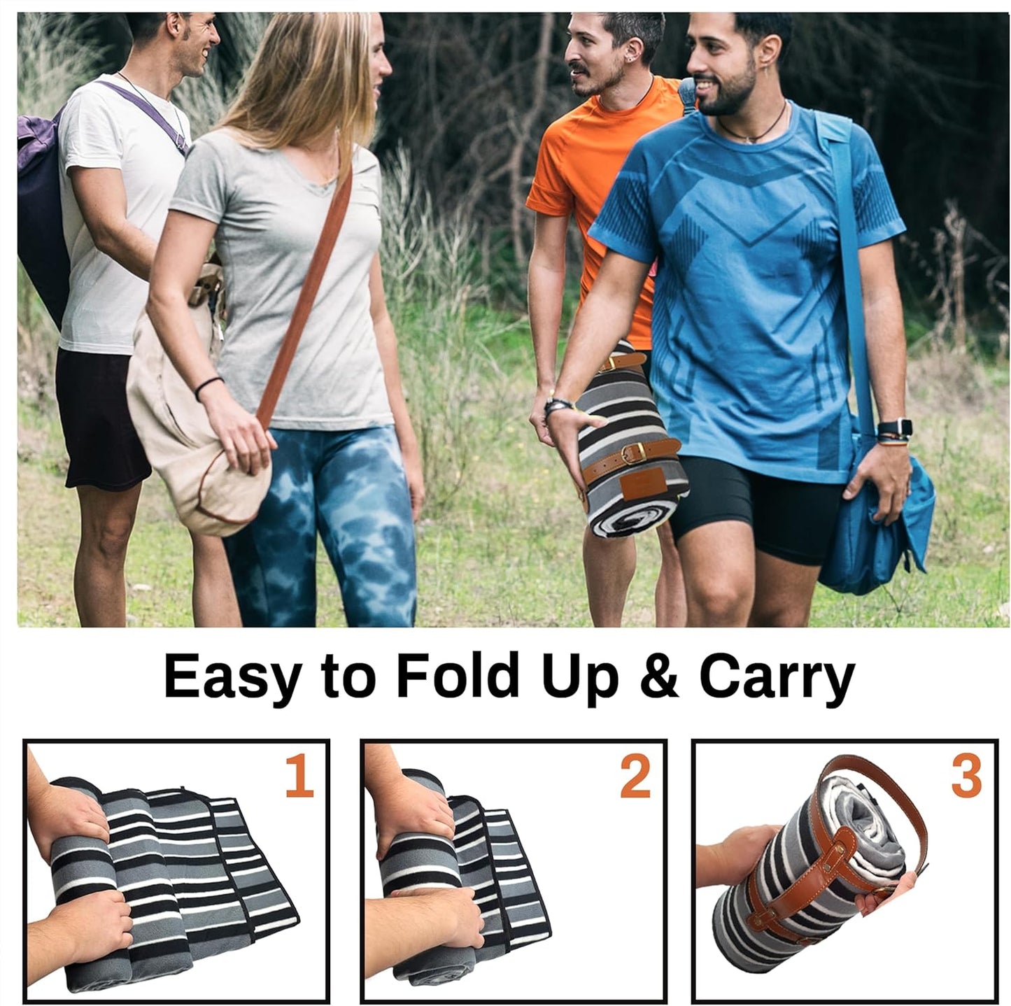 PortableAnd Extra Large Picnic & Outdoor Blanket 3 Layers for Water-Resistant Handy Mat Tote Spring Summer Black and White Striped Great for The Beach,Camping on Grass Waterproof Sandproof