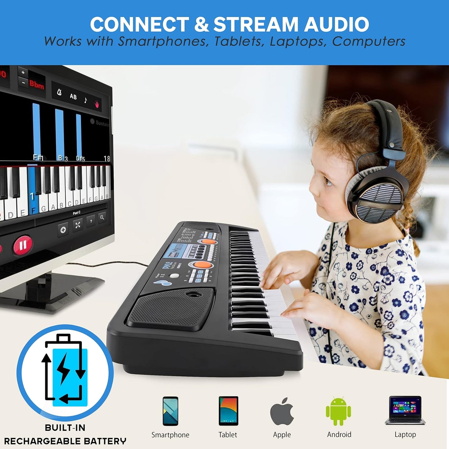 Pyle Electric Keyboard Piano - 49-Key Portable Digital Karaoke Piano with Stereo Speakers, Rechargeable Battery, and Wired Microphone for Beginners, Kids, Adults - 8 Rhythms, 16 Tones