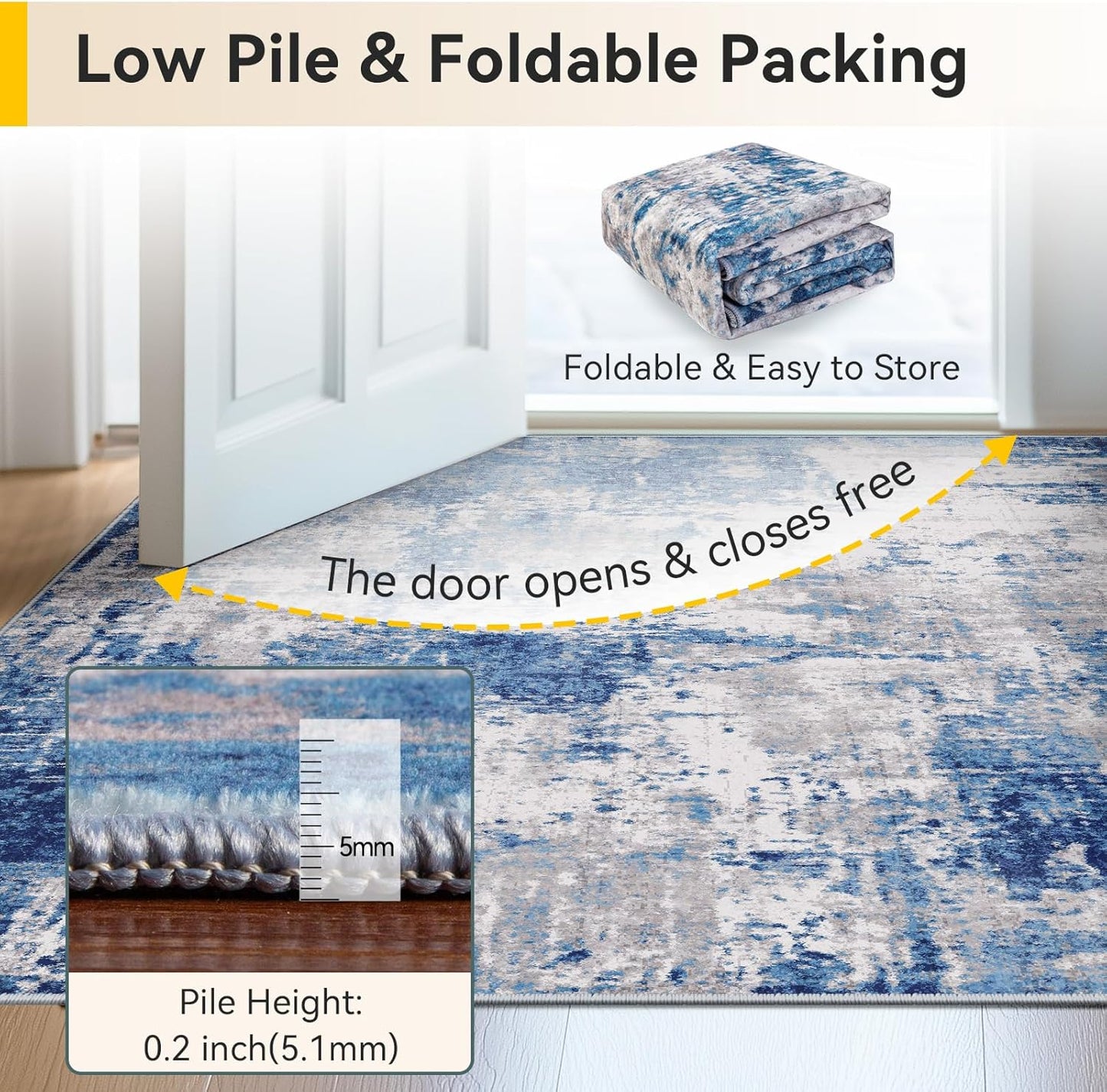Washable Area Rugs 5'x8' Non-Slip Modern Abstract Soft for Living Room Entryway Bedroom Nursery, Print Pattern, Blue Grey Navy Gray