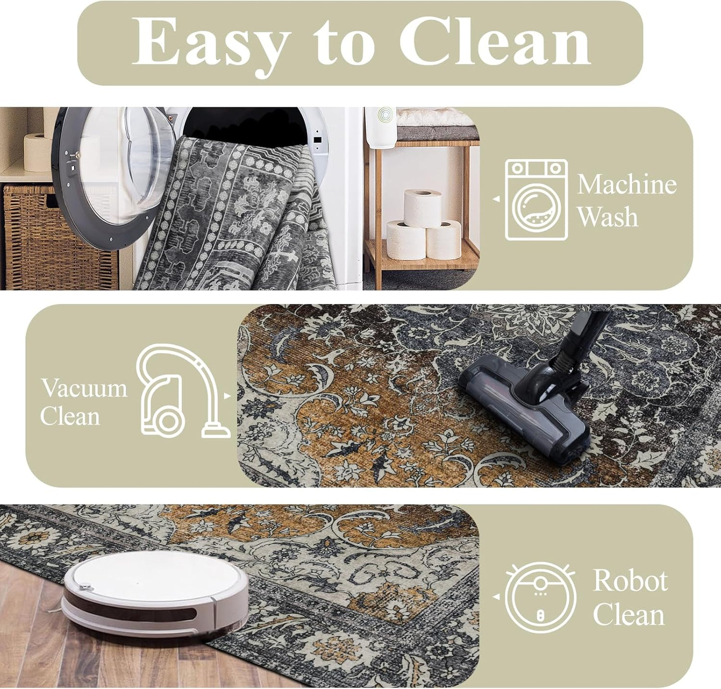 Washable Rugs 5x7 Area Rugs for Living Room, Thin Carpet for Bedroom, Soft Faux Wool Retro Dining Room Rug,Non Slip&Non-Shedding Resistant Low Pile Vintage Print Rug for Home Office (Tan/Gray)