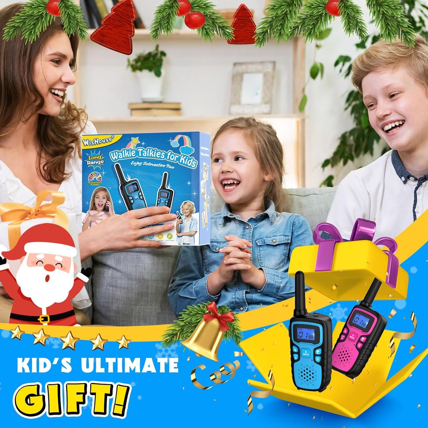 Wishouse Walkie Talkies for Kids Rechargeable Long Range,Xmas Birthday Gift for 4 5 6 7 8 9 Year Old Boys Girls,Hiking Gear Camping Games Cool Toys with NOAA,SOS Siren,Lamp,Lanyards,Easy to Use,4 Pack