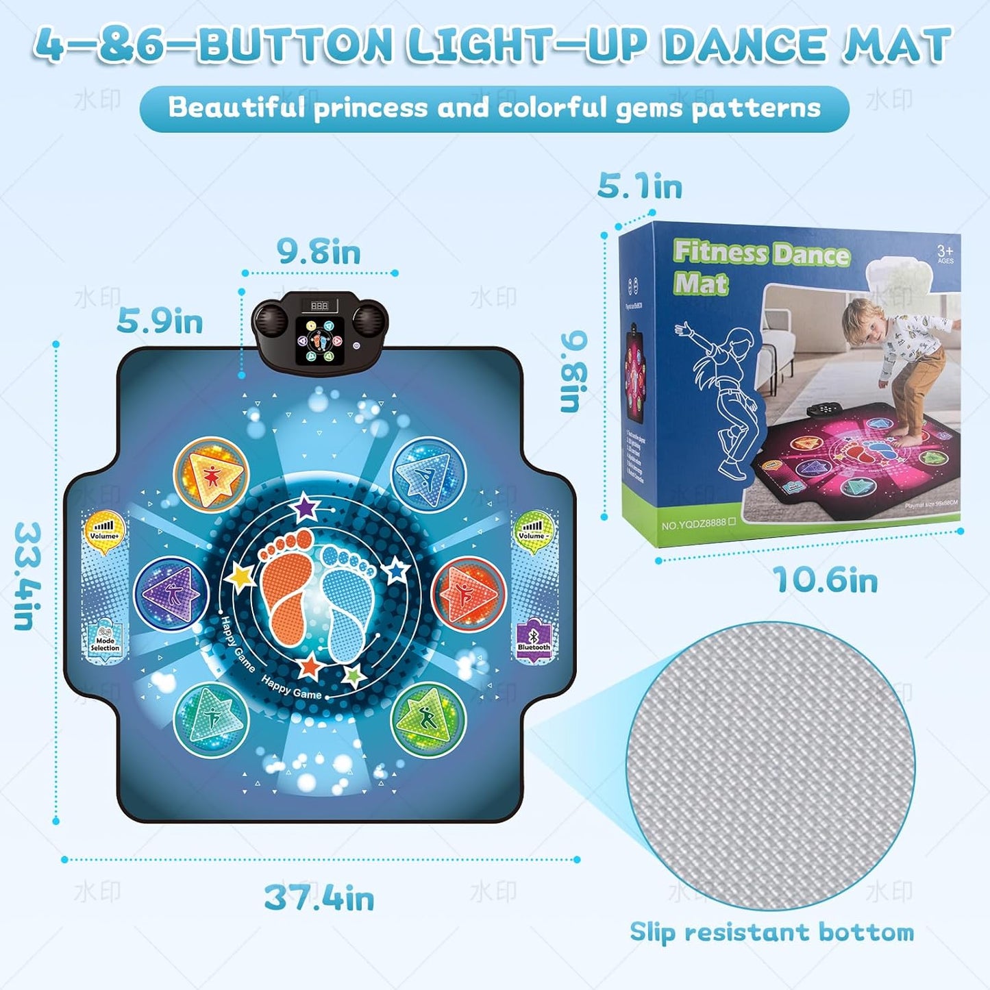 Dance Mat for Kids with Wireless Bluetooth, 5 Game Modes, LED Lights, Music Box with 6 Light-up Pads, Music Game Dance Toy for Girls Boys Gifts 3 4 5 6 7 8 9 10+ Year Old