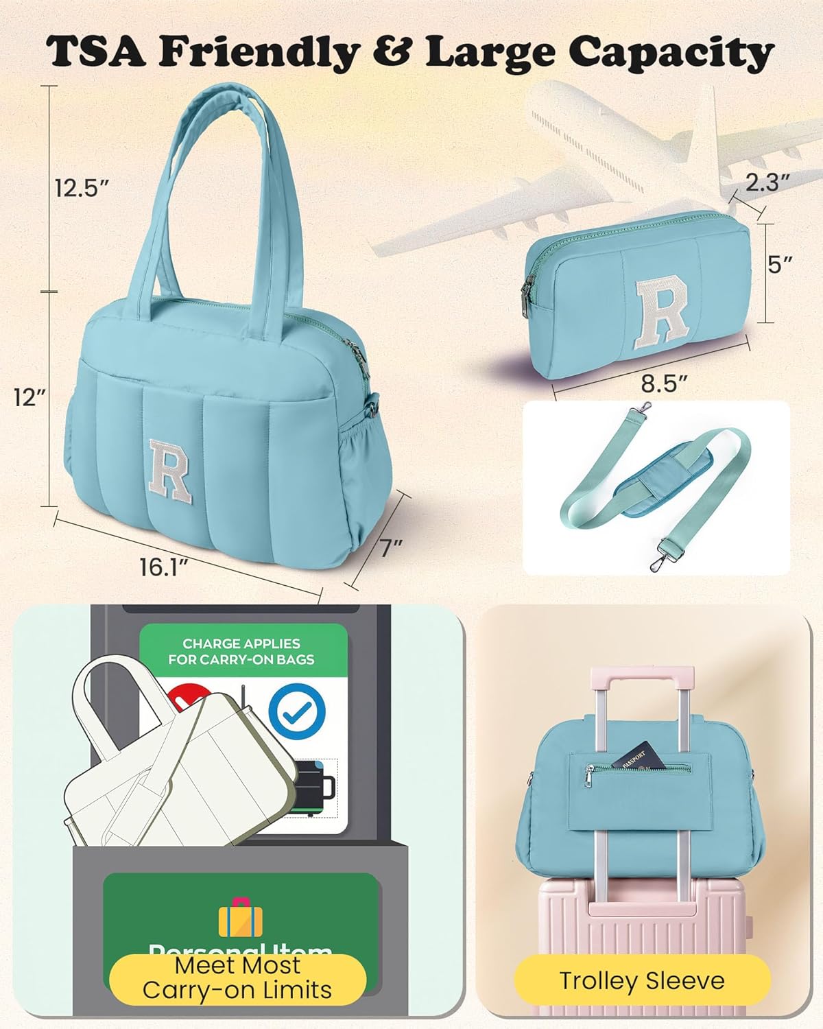 Duffle Bag, Weekender Bags for Girl,Gift for Everyone-Initial Overnight Bag with Wet Pocket,Lightweight Dance Bags Personalized Gymnastics bag with Makeup Pouch