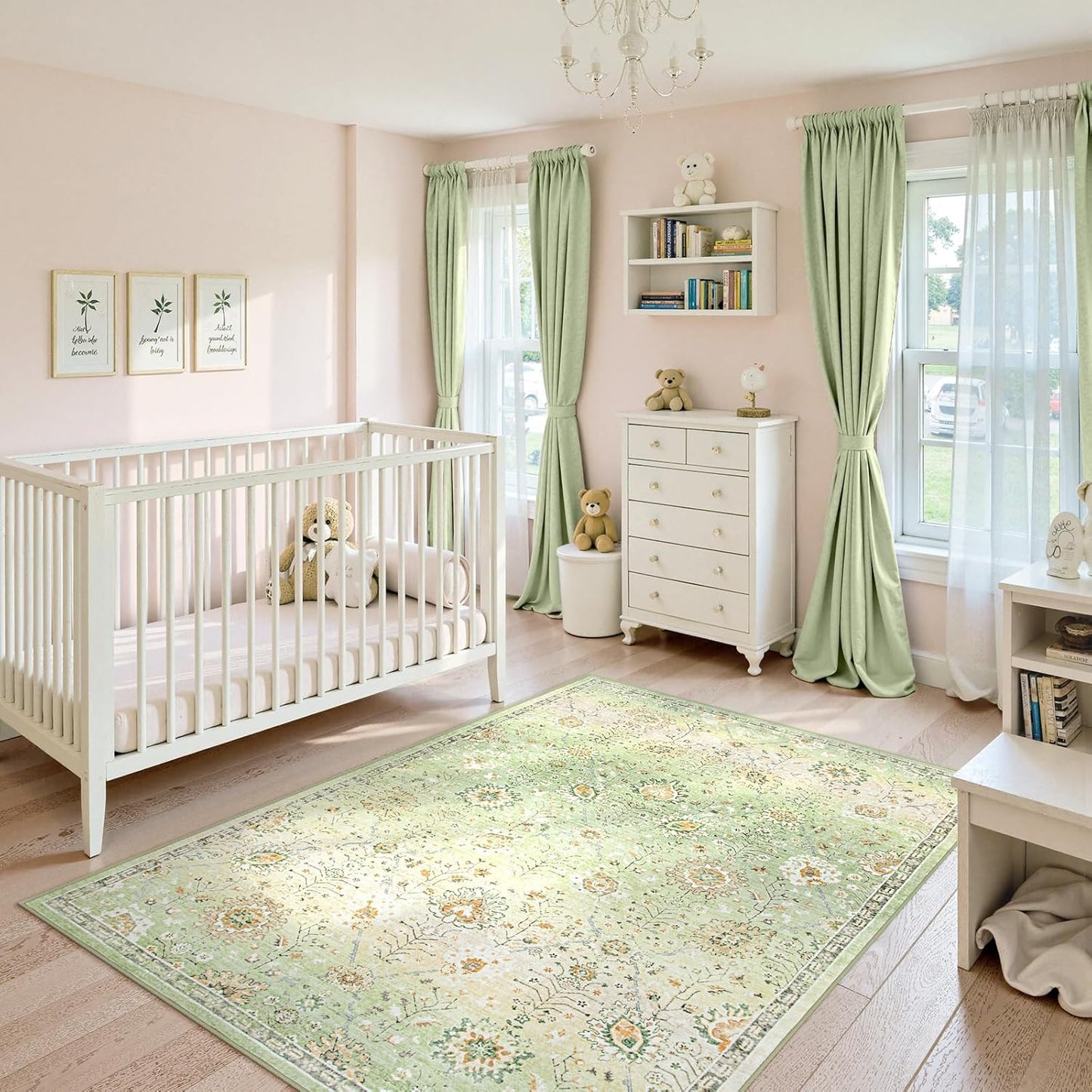 Lahome 5x7 Sage Green Rugs for Bedroom, Soft Boho Rug for Living Room, Machine Washable Floral Carpet Non Slip for Nursery Playroom Indoor