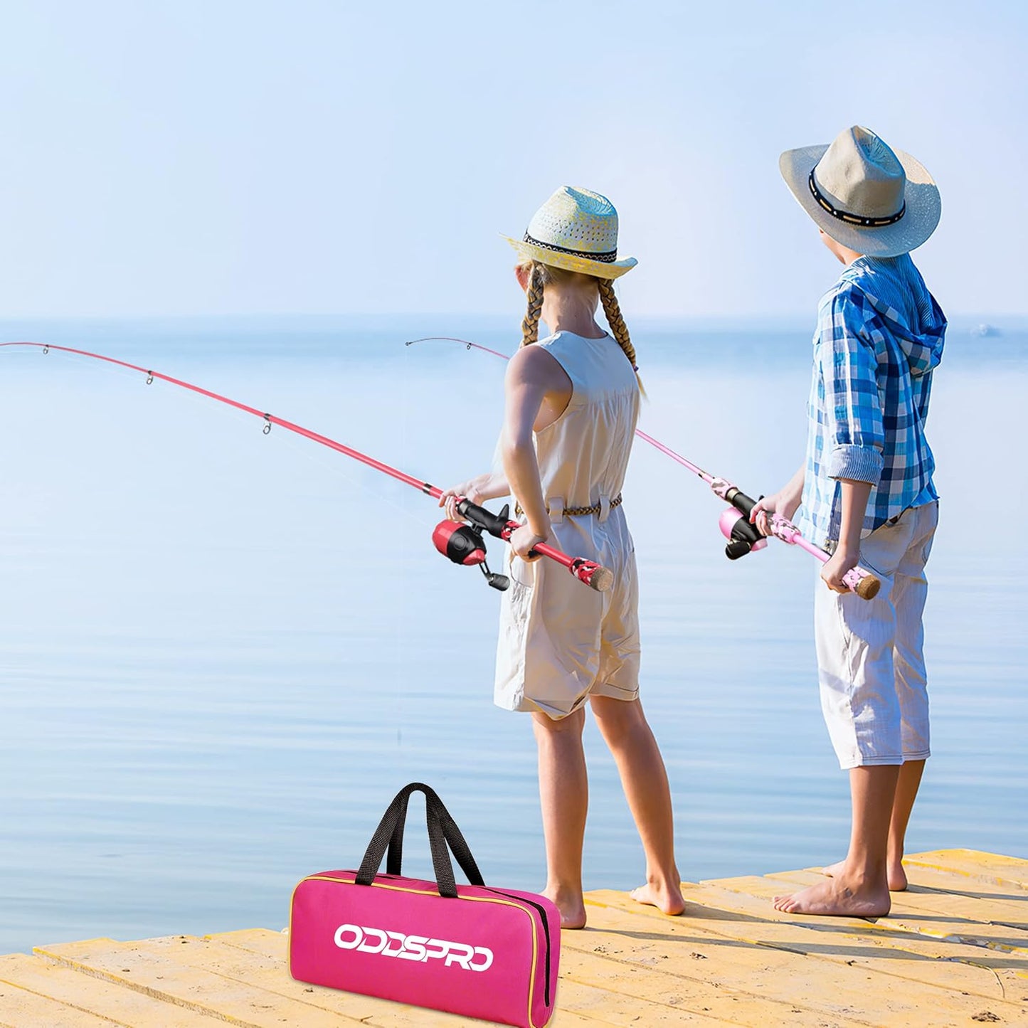 ODDSPRO Kids Fishing Pole Pink, Portable Telescopic Fishing Rod and Reel Combo Kit - with Spincast Fishing Reel Tackle Box for Girls, Youth